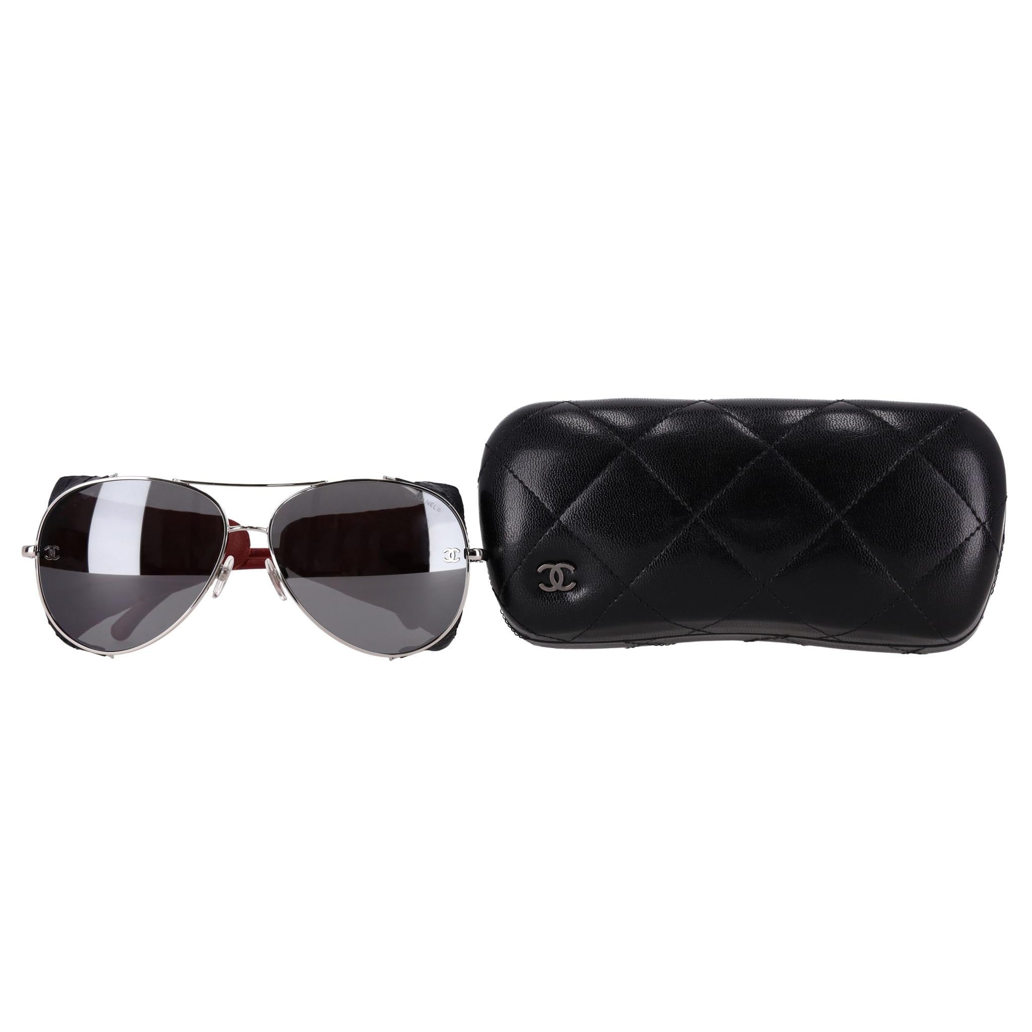 Gray Chanel Titanium Pilot Sunglasses With 'CC' Logo Leather Diamond Quilted Trim For Sale