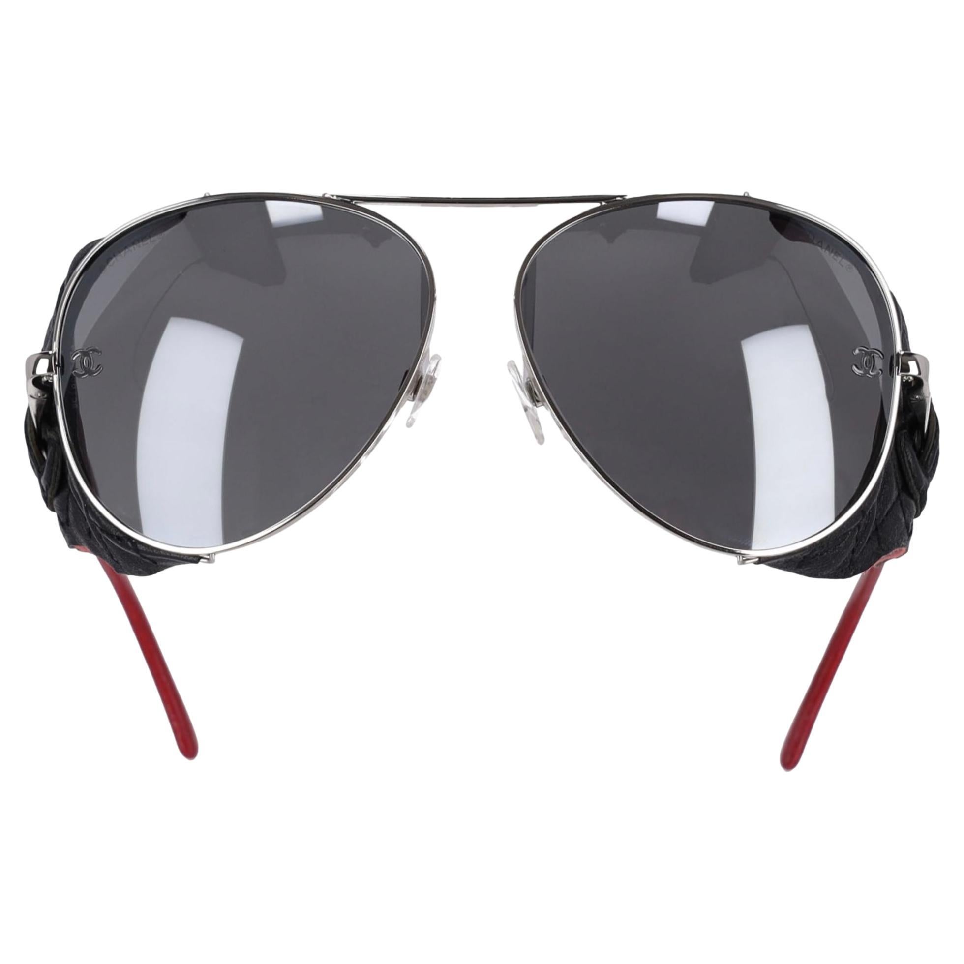 Chanel Titanium Pilot Sunglasses With 'CC' Logo Leather Diamond Quilted Trim For Sale