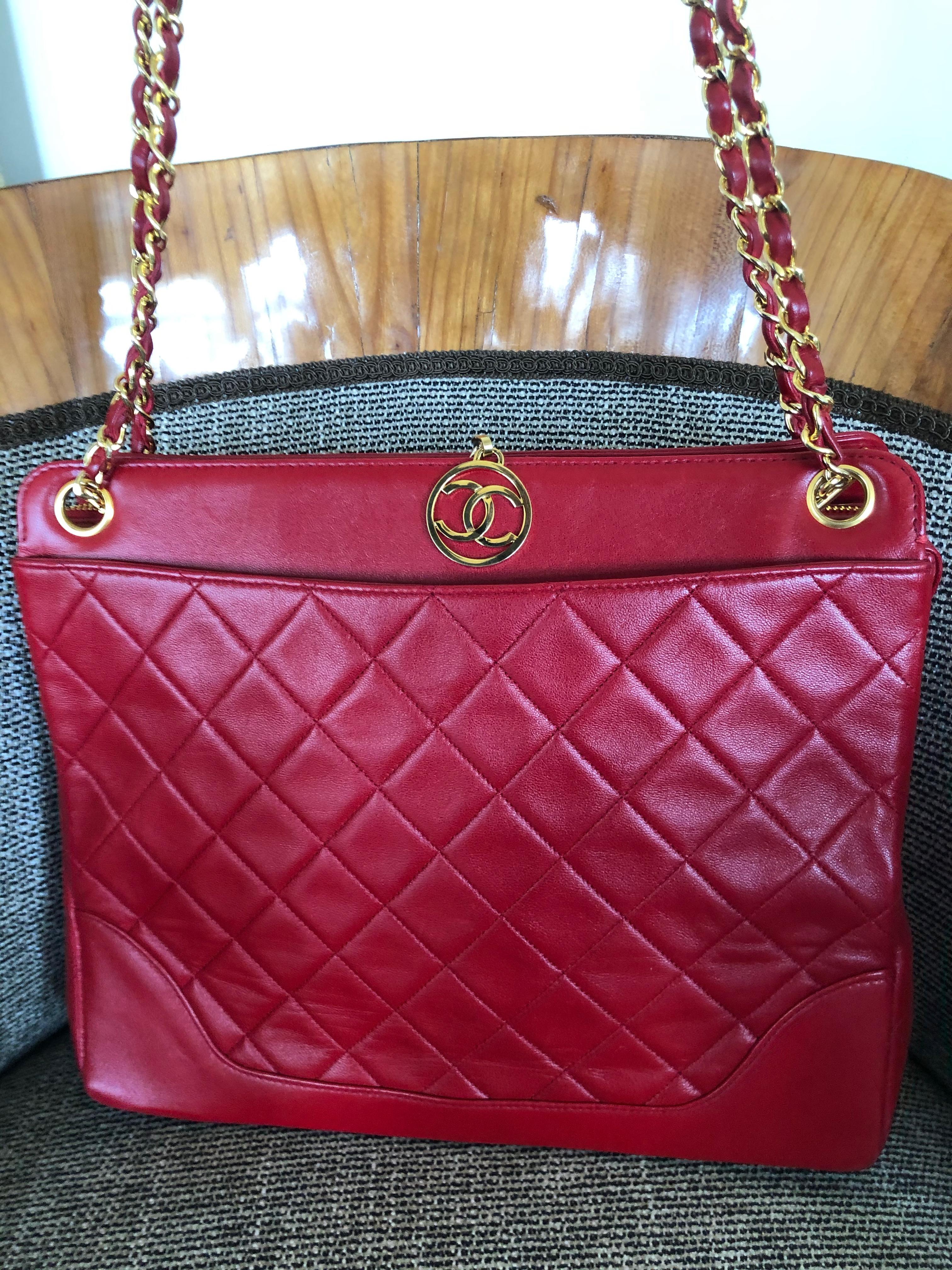 Chanel Tomato Red Vintage Lambskin Leather Quilted Tote Bag with Gold Hardware.
12