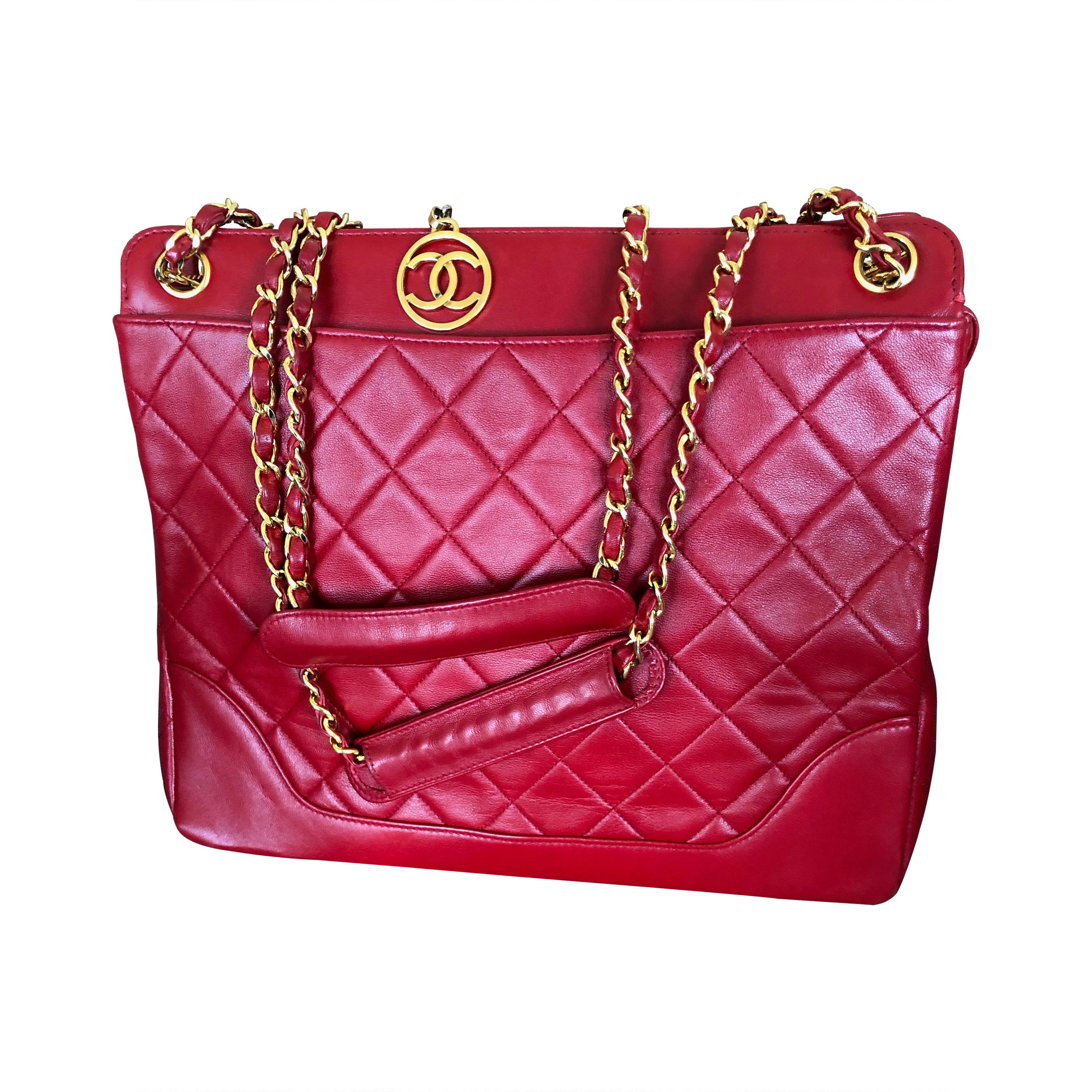 Chanel Tomato Red Vintage Lambskin Leather Quilted Tote Bag with Gold Hardware For Sale