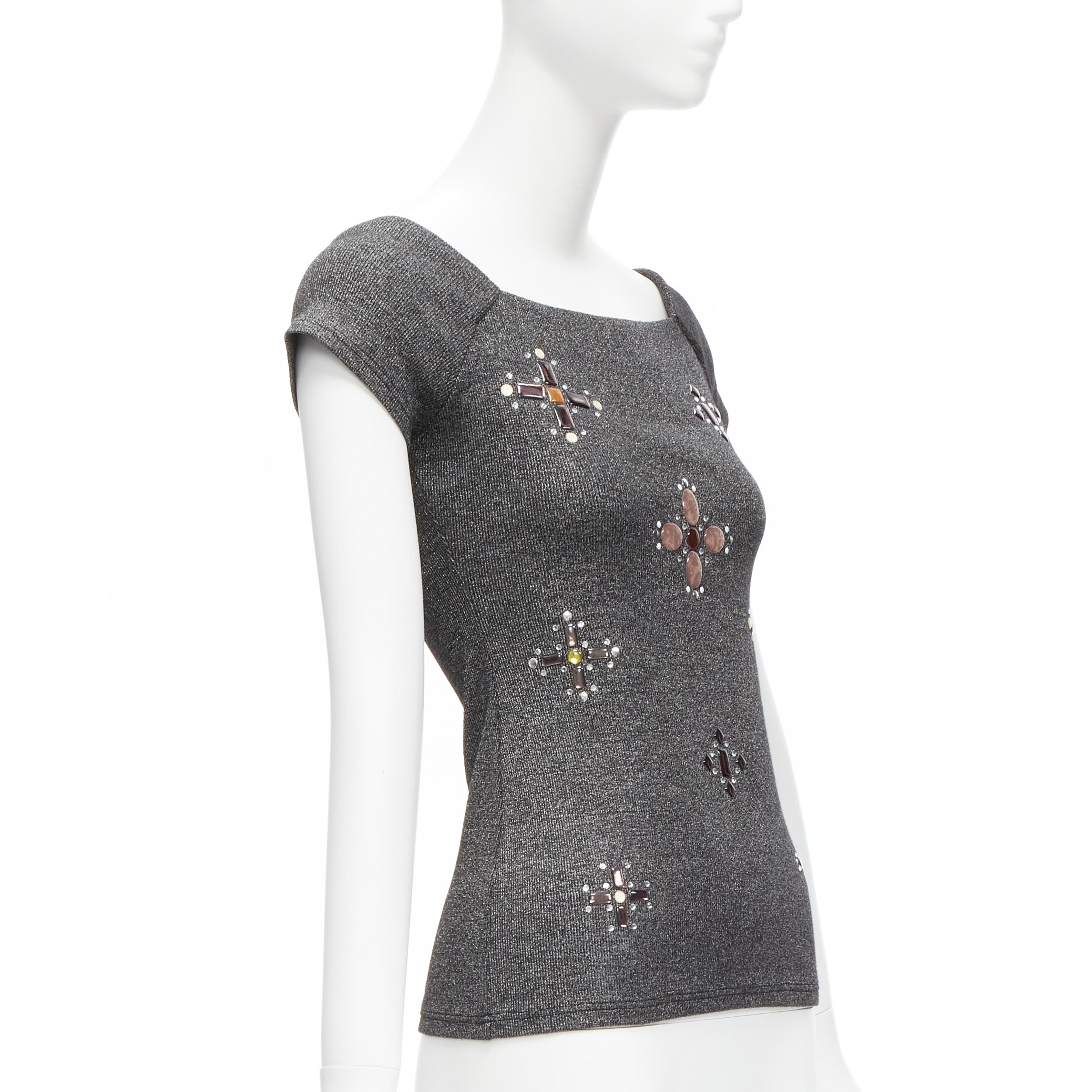 Gray CHANEL tone CC logo colorful gems Byzantine Cross embellished fitted top FR36 S For Sale
