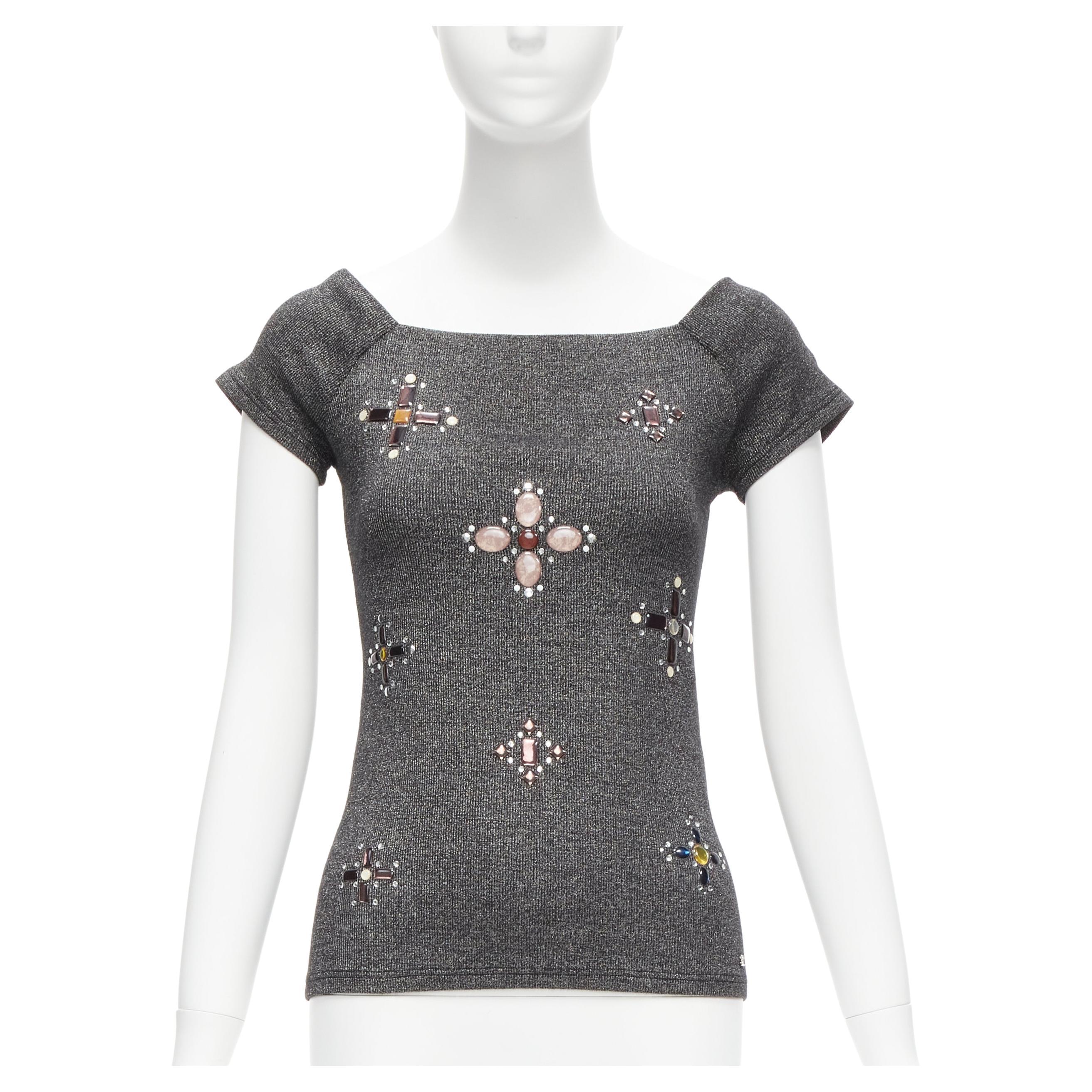 CHANEL tone CC logo colorful gems Byzantine Cross embellished fitted top FR36 S For Sale