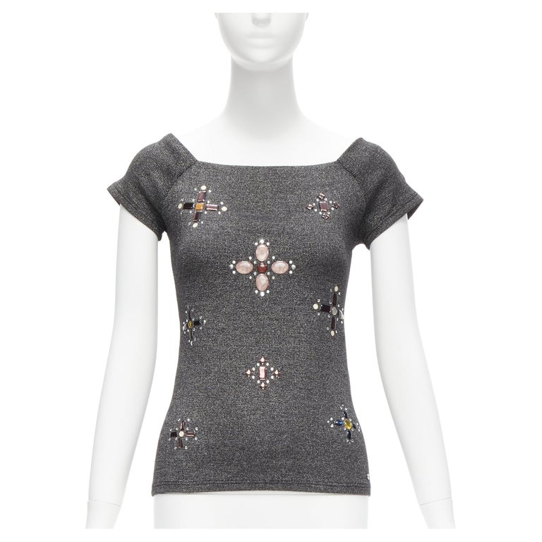 Karl Lagerfeld Chanel Tone CC Logo Colorful Gems Byzantine Cross Embellished Fitted Top FR36 S