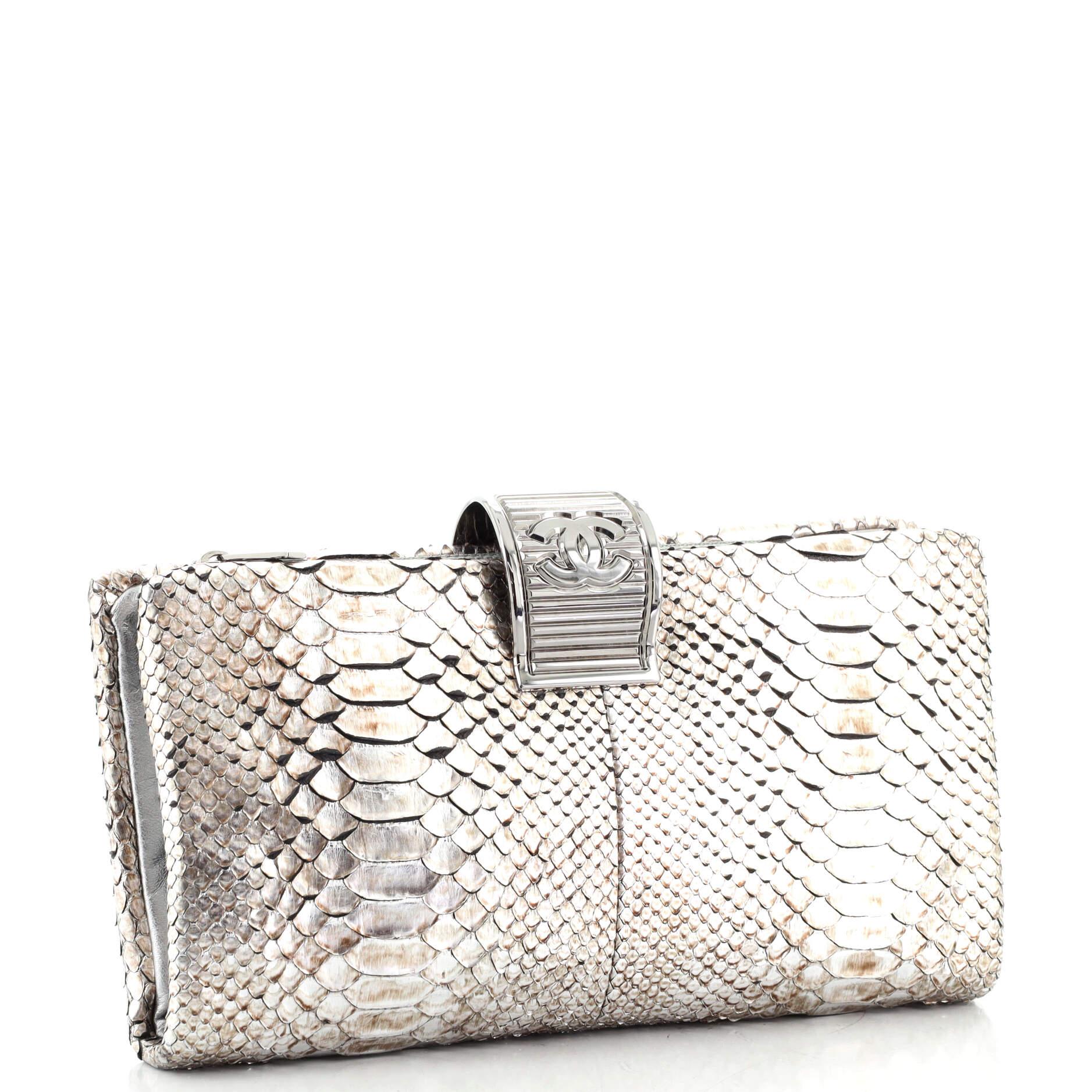 Gray Chanel Top Clasp Flap Clutch Python Medium