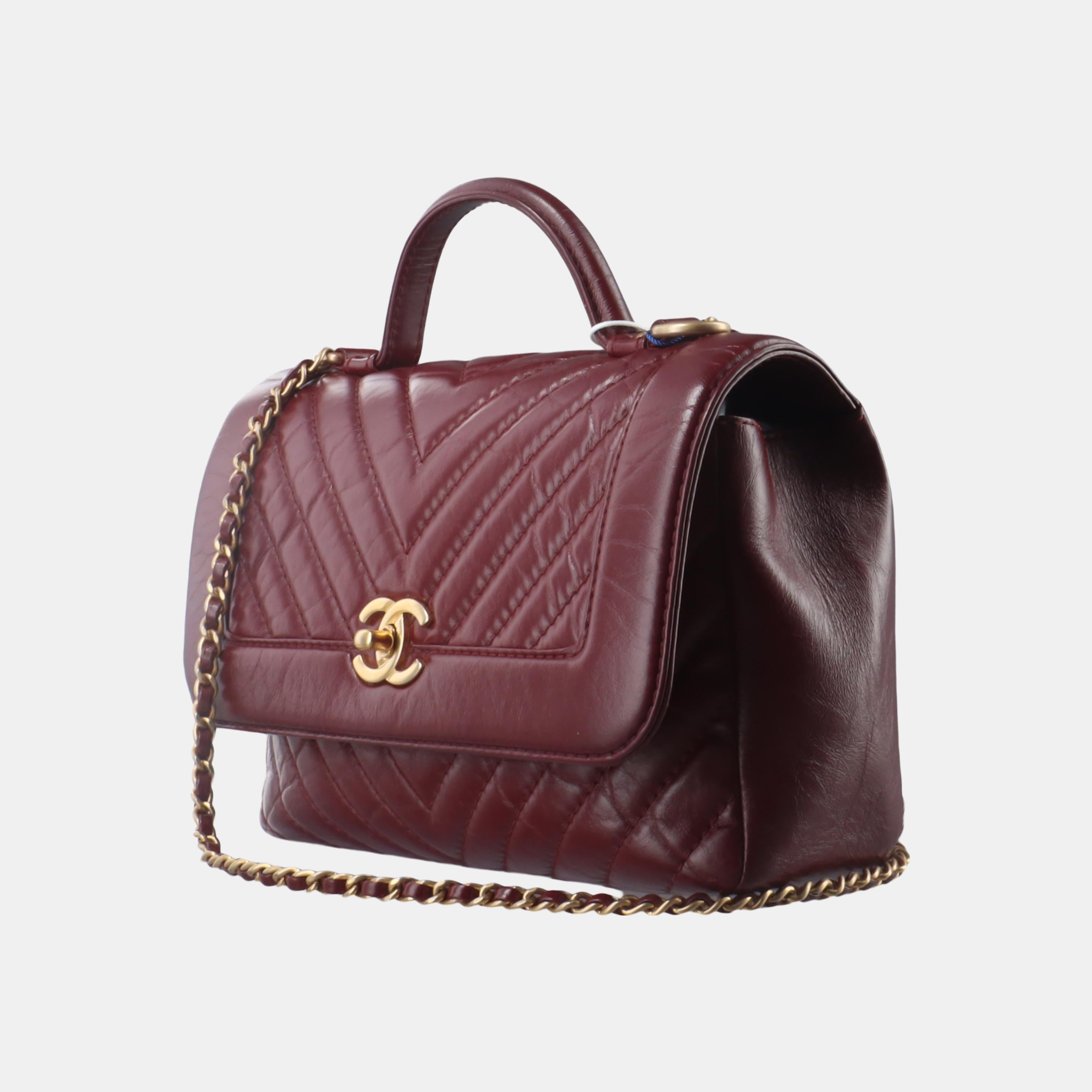 Black Chanel Top Handle Chevron Flap Bag Mini Burgundy Calfskin Leather, 2017