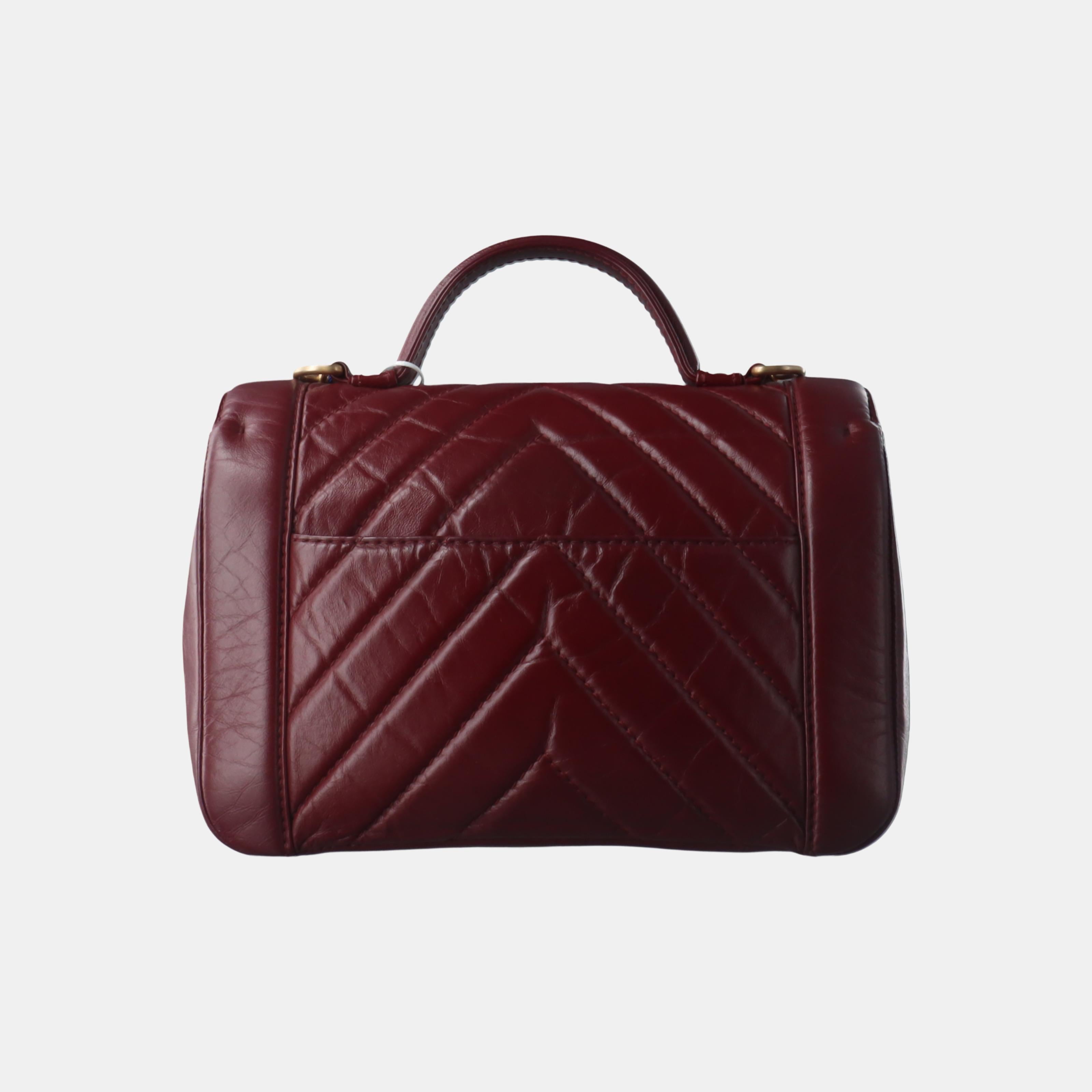 Chanel Top Handle Chevron Flap Bag Mini Burgundy Calfskin Leather, 2017 1