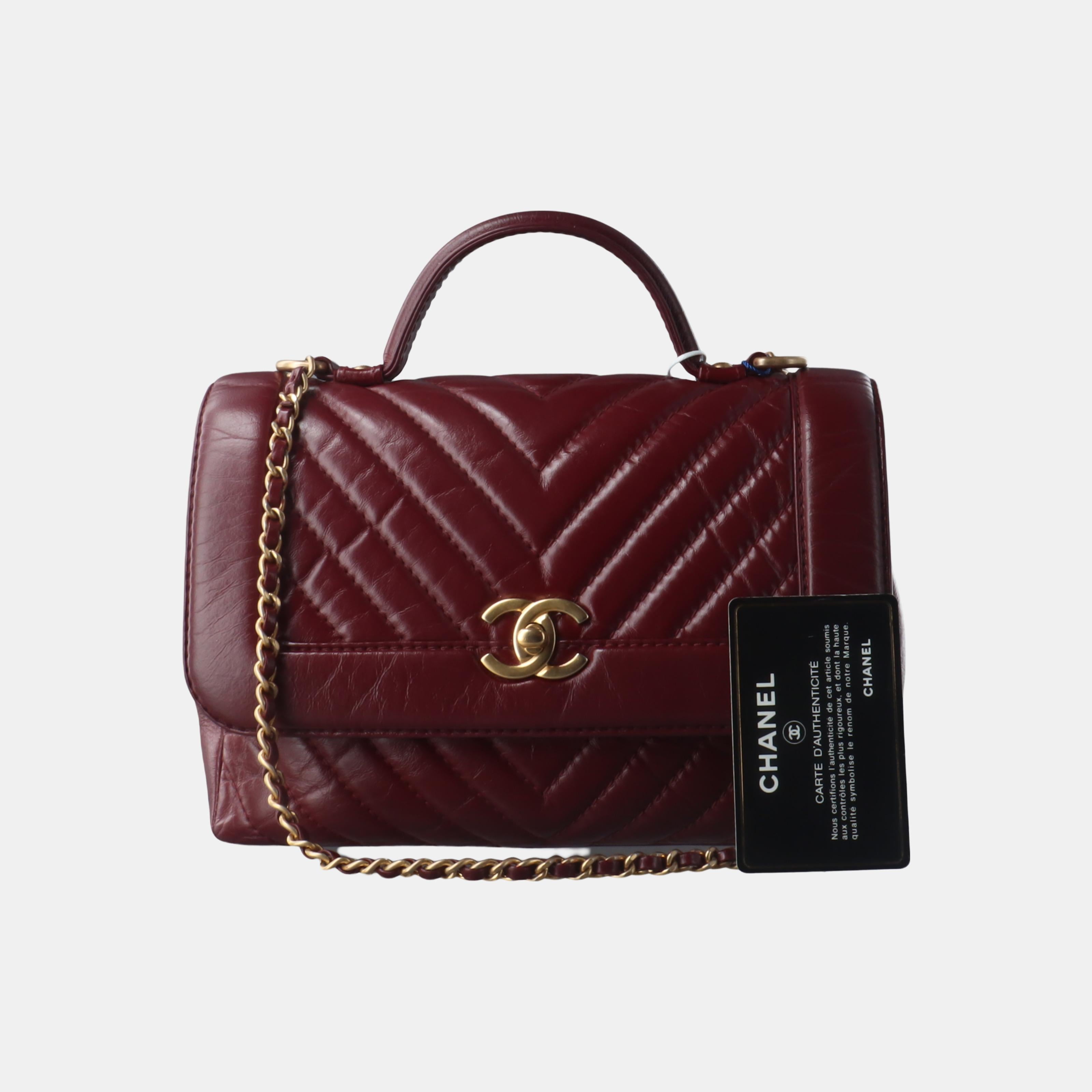 Chanel Top Handle Chevron Flap Bag Mini Burgundy Calfskin Leather, 2017 2