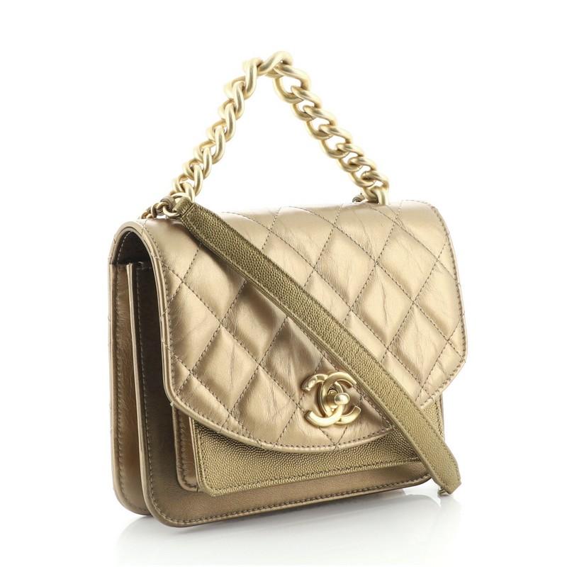 Brown Chanel Top Handle Flap Bag Quilted Aged Calfskin and Caviar Mini