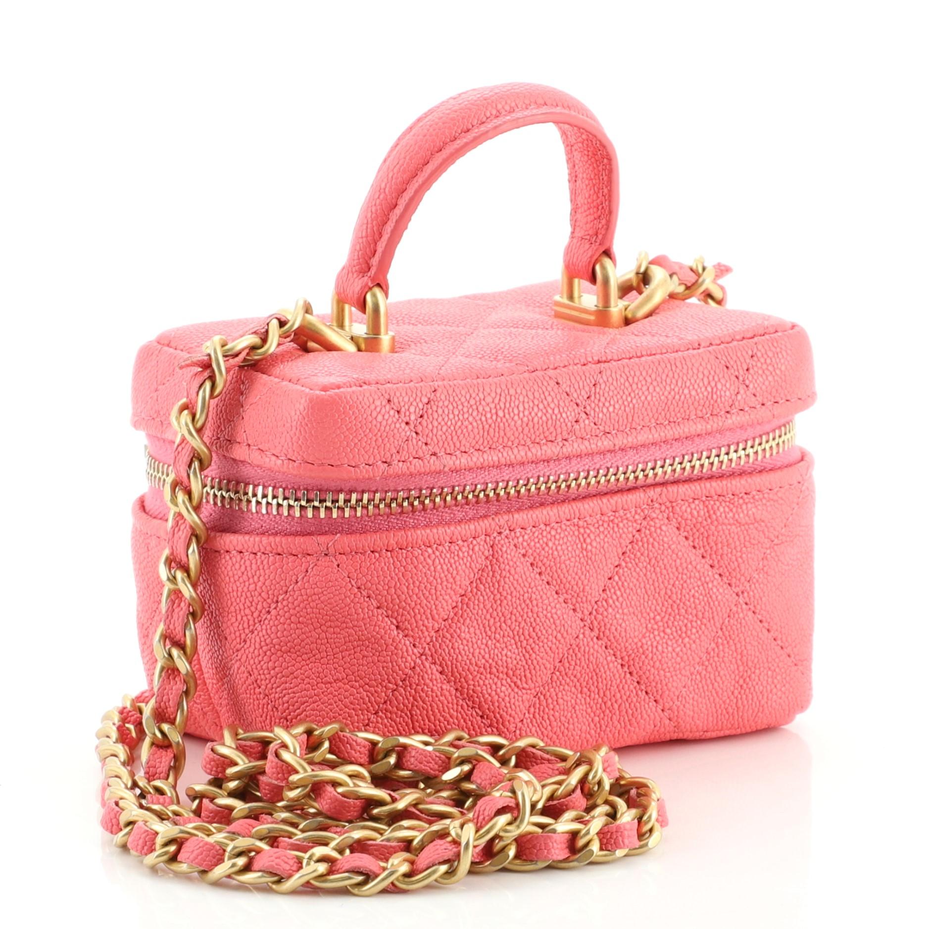Pink Chanel Top Handle Zip Around Vanity Case with Chain Quilted Caviar Mini