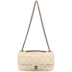 CHANEL Topstitch Quilted Cream Leather Flap CC Chain Strap Handbag