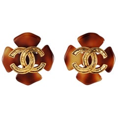 Vintage Chanel Tortoise Clover CC Earrings