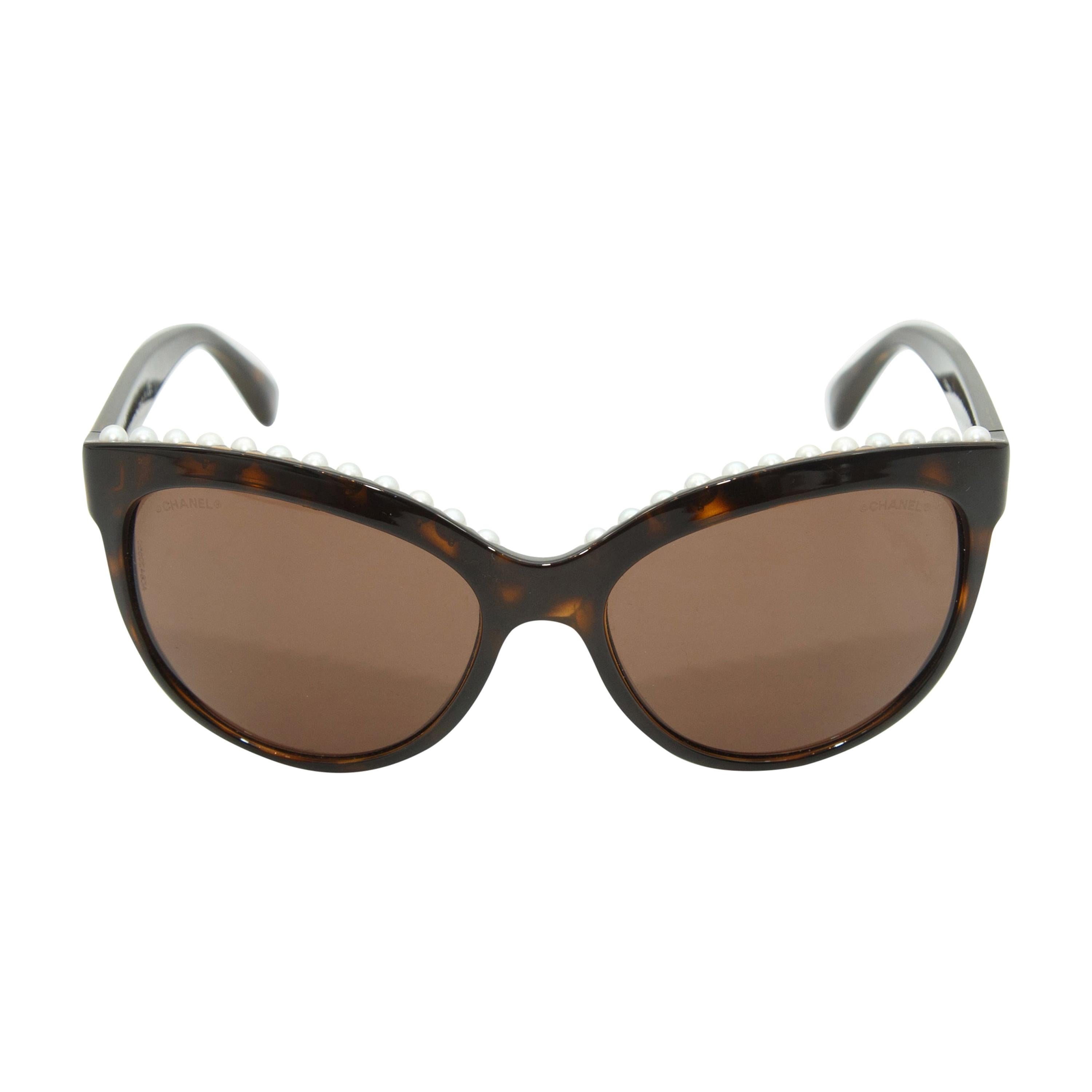 Chanel Tortoiseshell Pearl Trim Butterfly Shaped Sunglasses