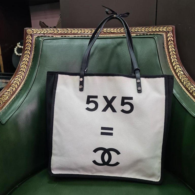 CHANEL Tote Bag 5x5 with Whistle in White and Black Canvas at 1stDibs