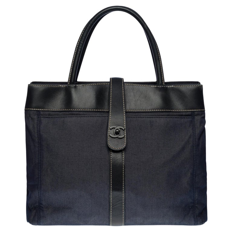 Chanel Navy Blue Denim Large Deauville Shopping Tote at 1stDibs