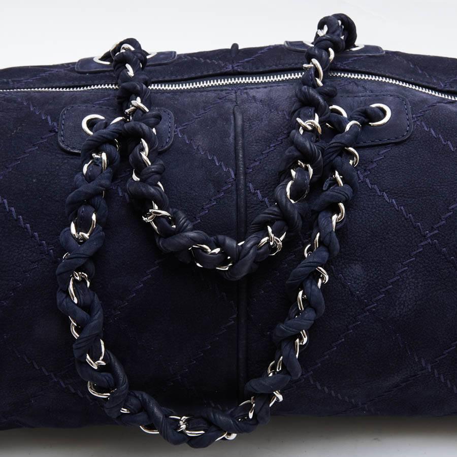Black CHANEL Tote Bag in Navy Blue Quilted Suede For Sale