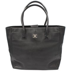 Chanel Tote Black Grained Letaher Bag and Silver Hardware