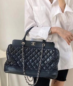 Chanel Tote Quilted Navy Leather Top Handle and Silver Chain Straps