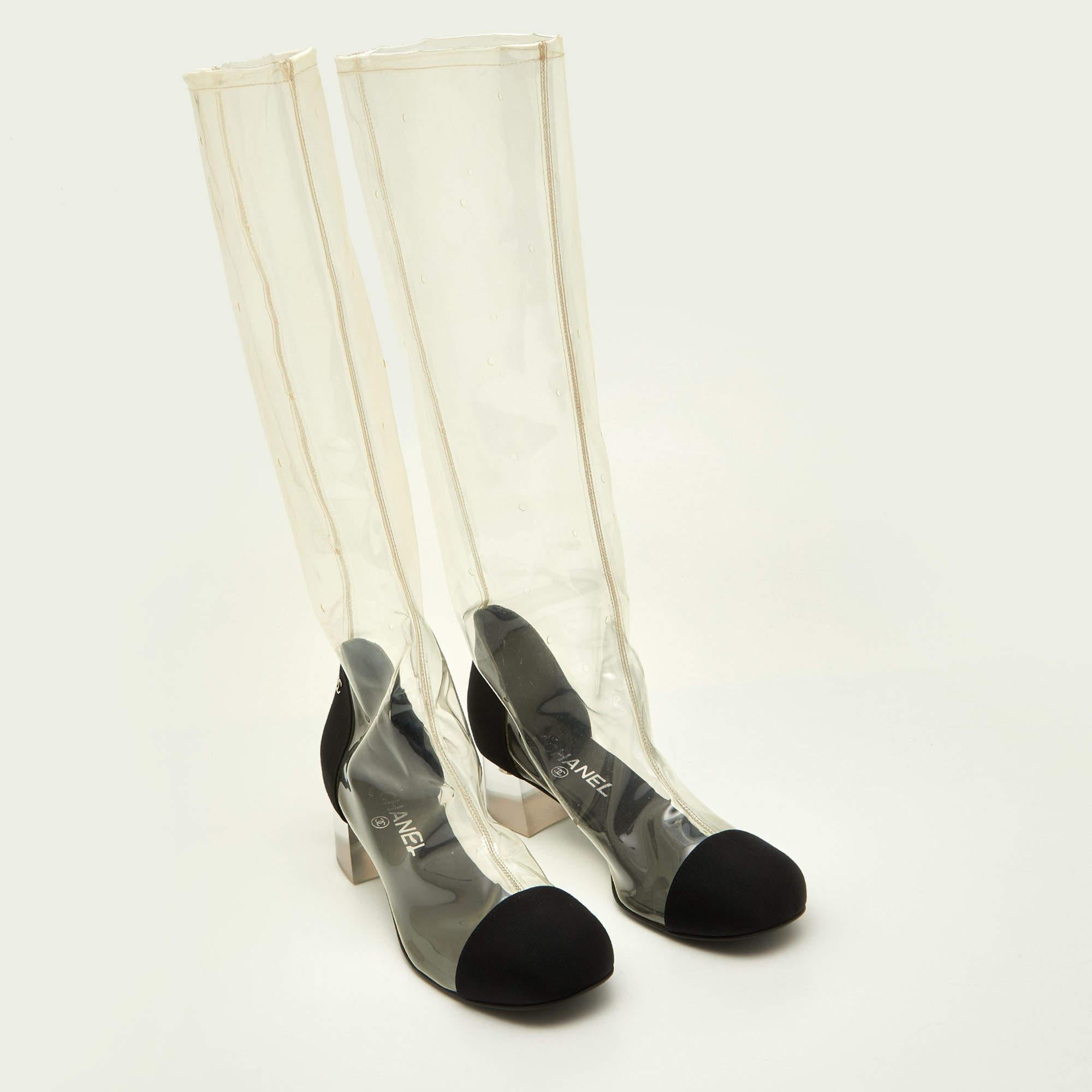 Chanel Transparent/Black PVC and Grosgrain Knee High Boots Size 38.5 In New Condition For Sale In Dubai, Al Qouz 2