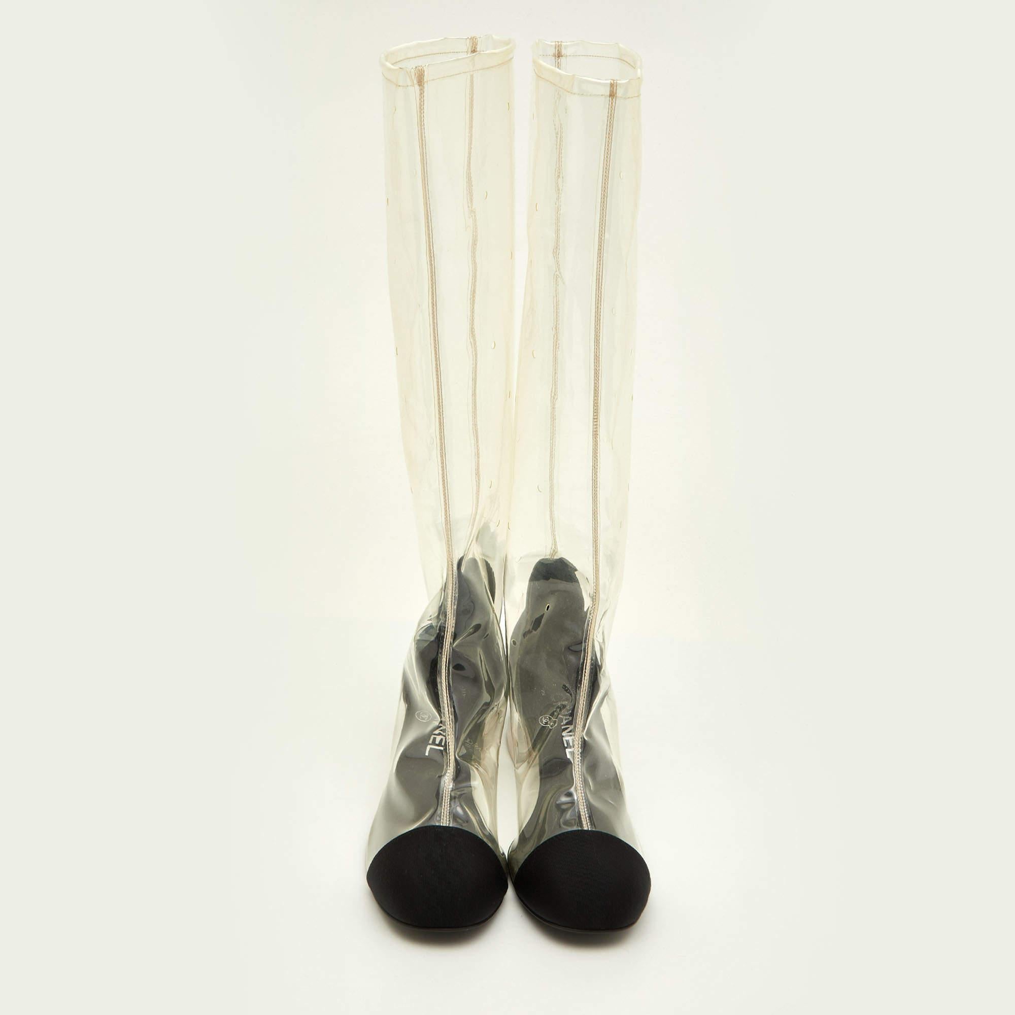 Chanel - Bottes à genoux en PVC transparent/noir et gros grain - Taille 38,5 Pour femmes en vente