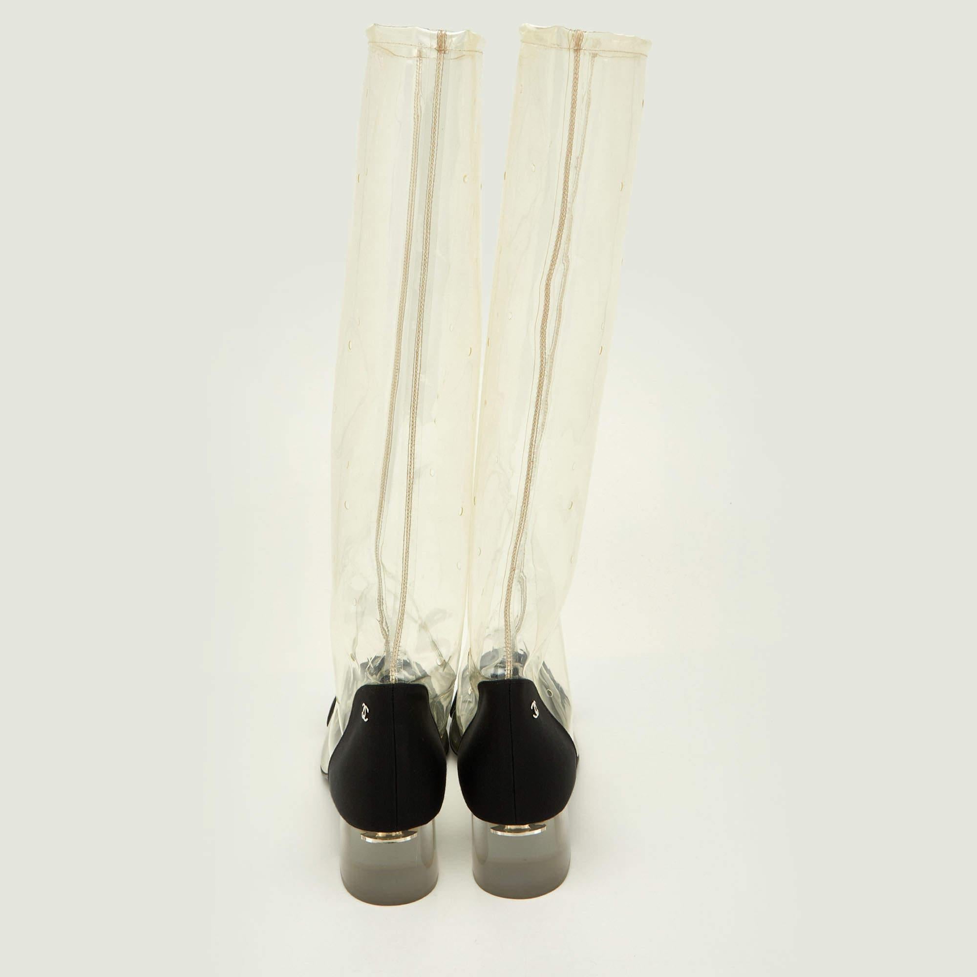 Chanel - Bottes à genoux en PVC transparent/noir et gros grain - Taille 38,5 en vente 3