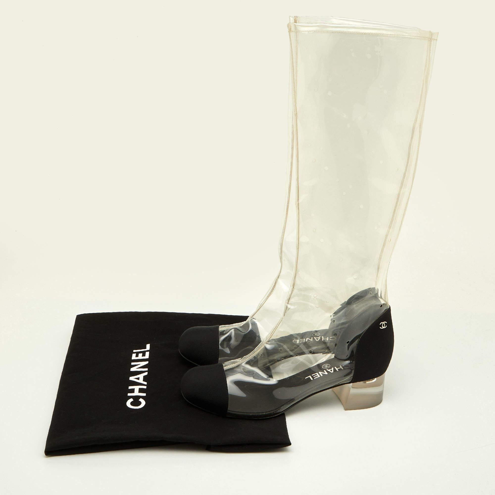 Chanel Transparent/Black PVC and Grosgrain Knee High Boots Size 38.5 For Sale 4