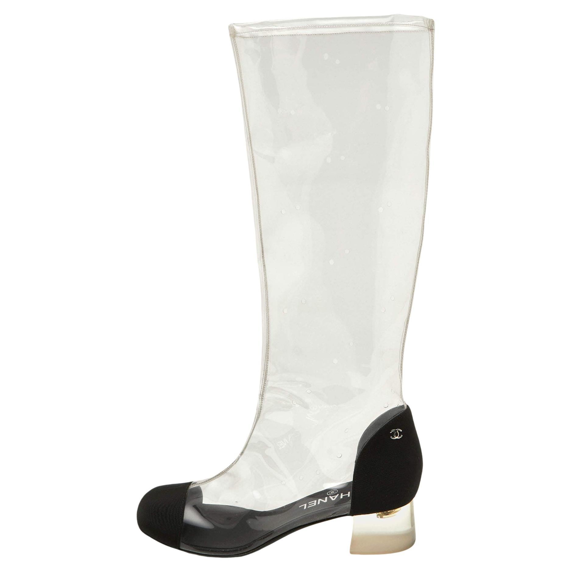 Chanel Transparent/Black PVC and Grosgrain Knee High Boots Size 38.5 For Sale