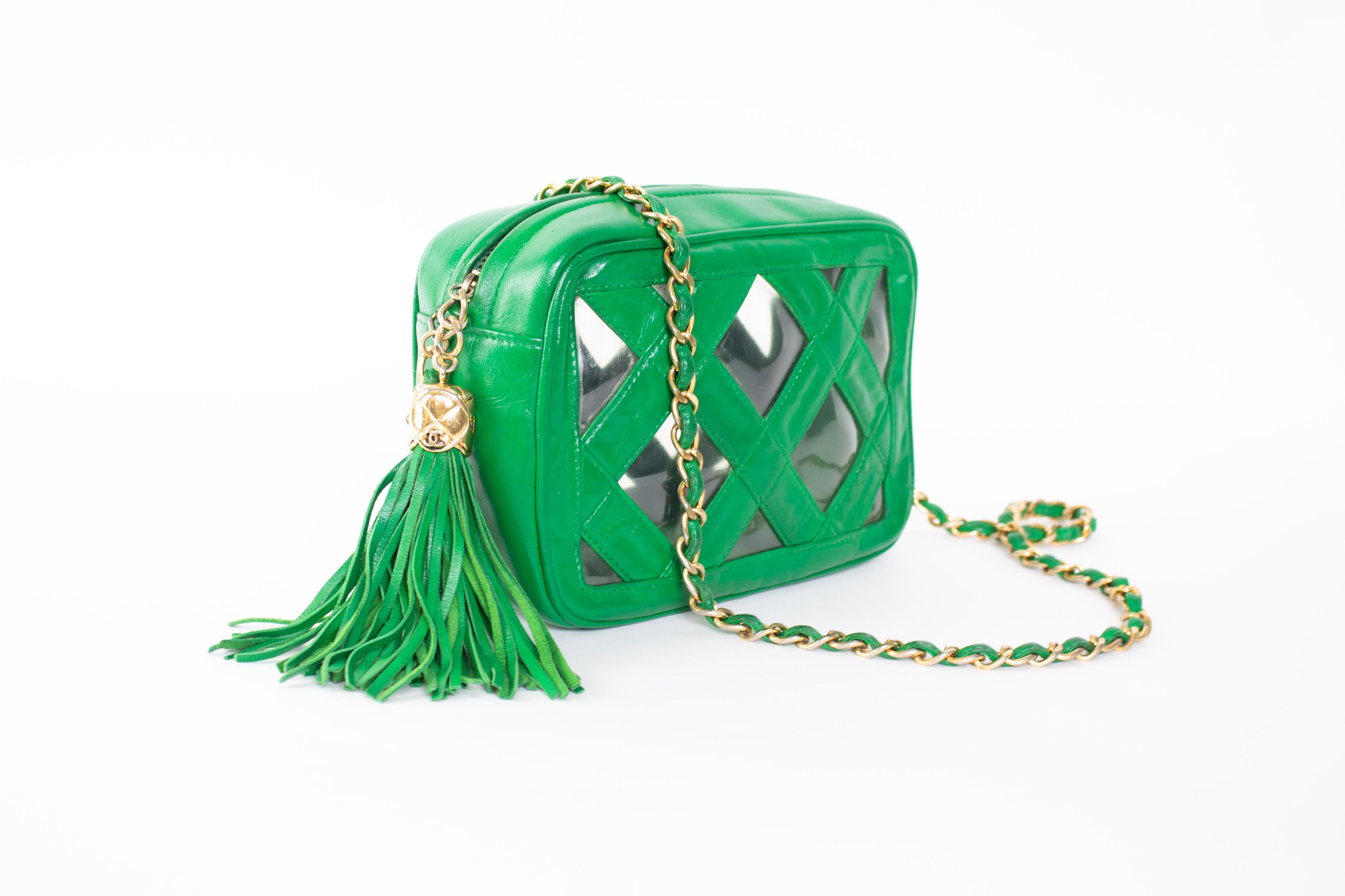 Chanel Transparent Clear Tassel Rare Vintage 90s Green Camera Shoulder Bag 7