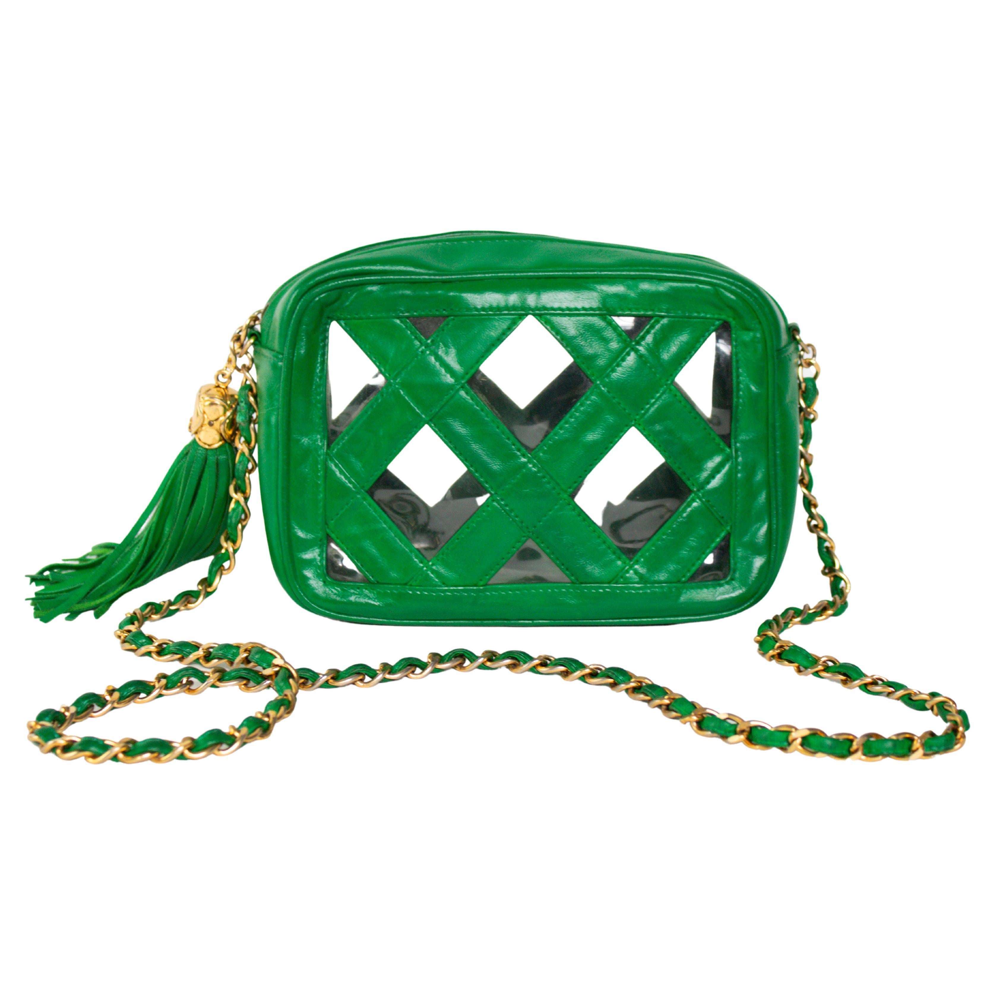 Chanel Transparent Clear Tassel Rare Vintage 90s Green Camera Shoulder Bag In Good Condition In Miami, FL