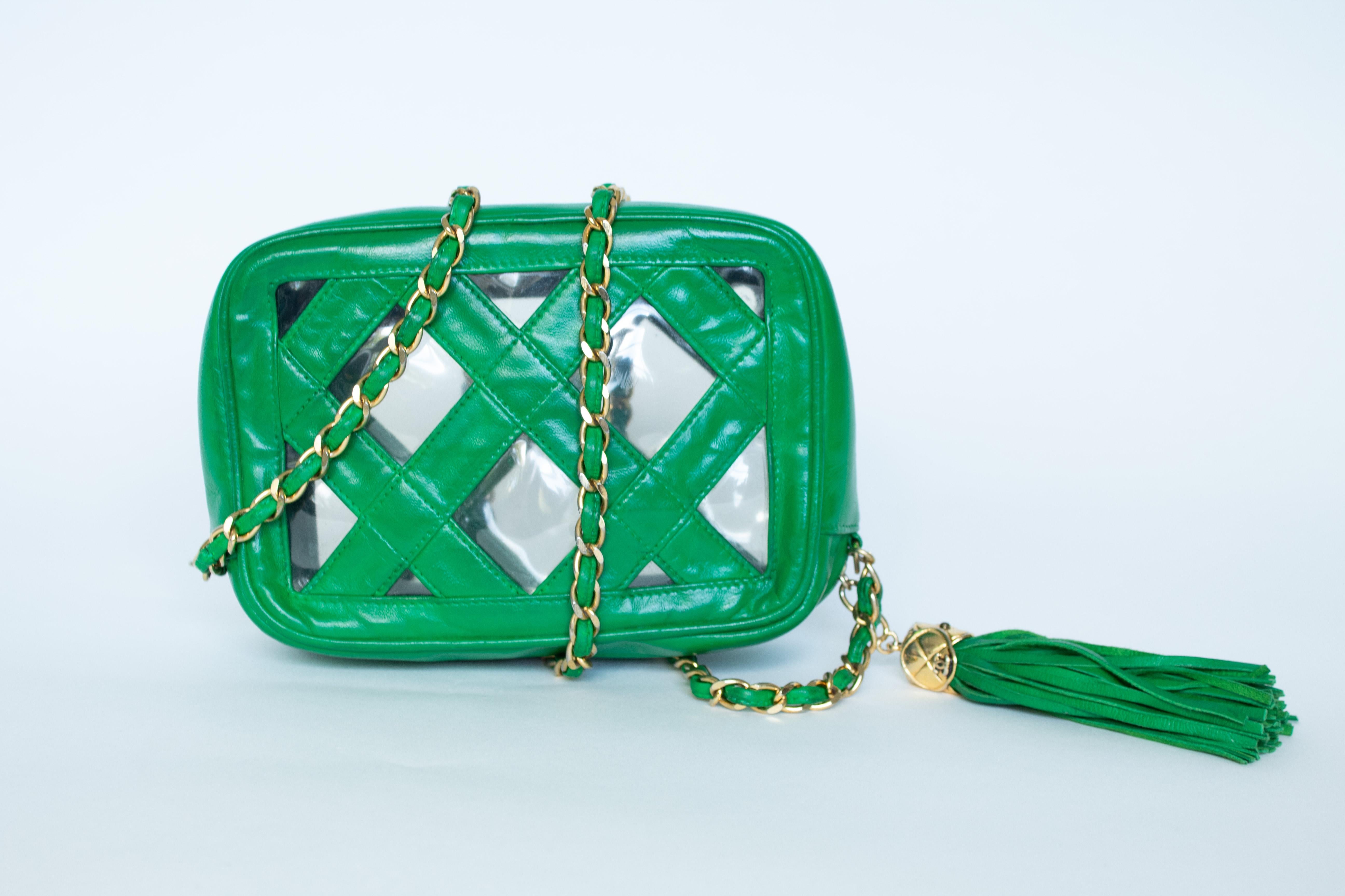 Chanel Transparent Clear Tassel Rare Vintage 90s Green Camera Shoulder Bag 1