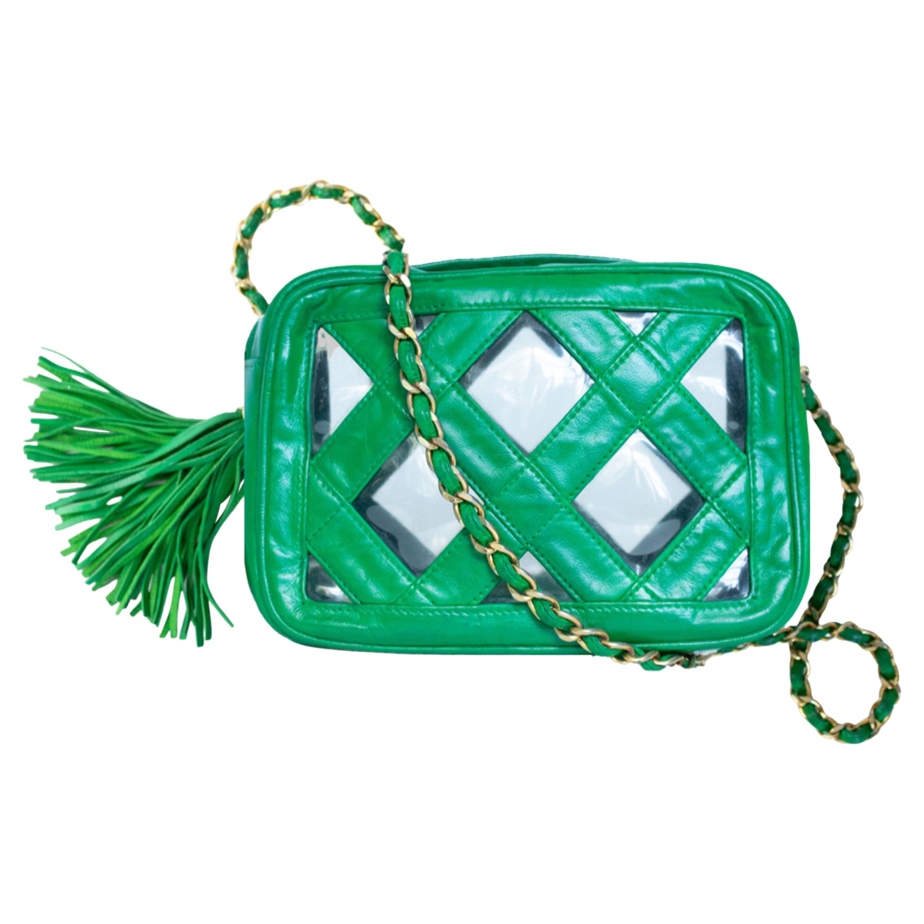 Chanel Transparent Clear Tassel Rare Vintage 90s Green Camera Shoulder Bag