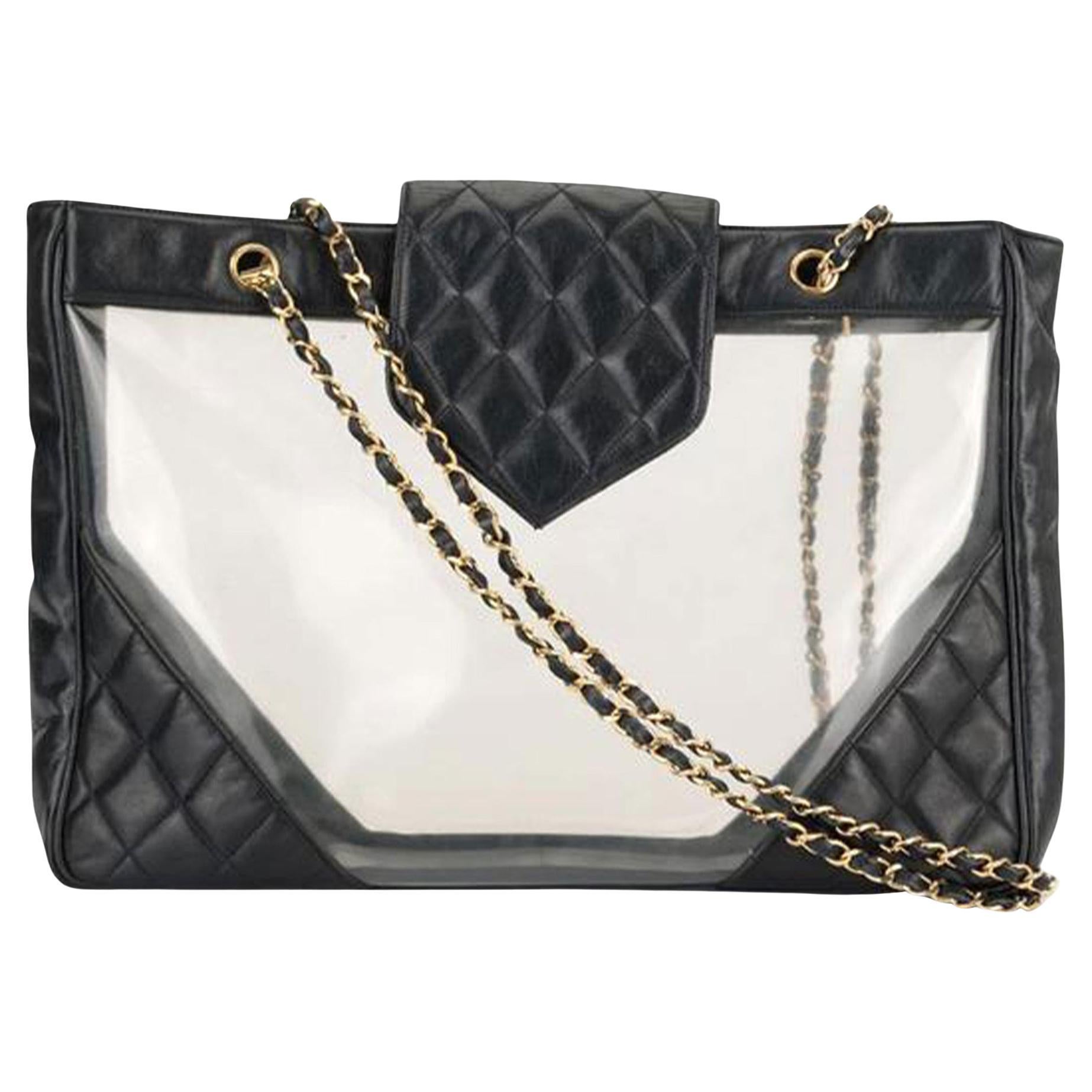 Black Chanel Transparent Clear Vintage PVC See Through XL Tote For Sale