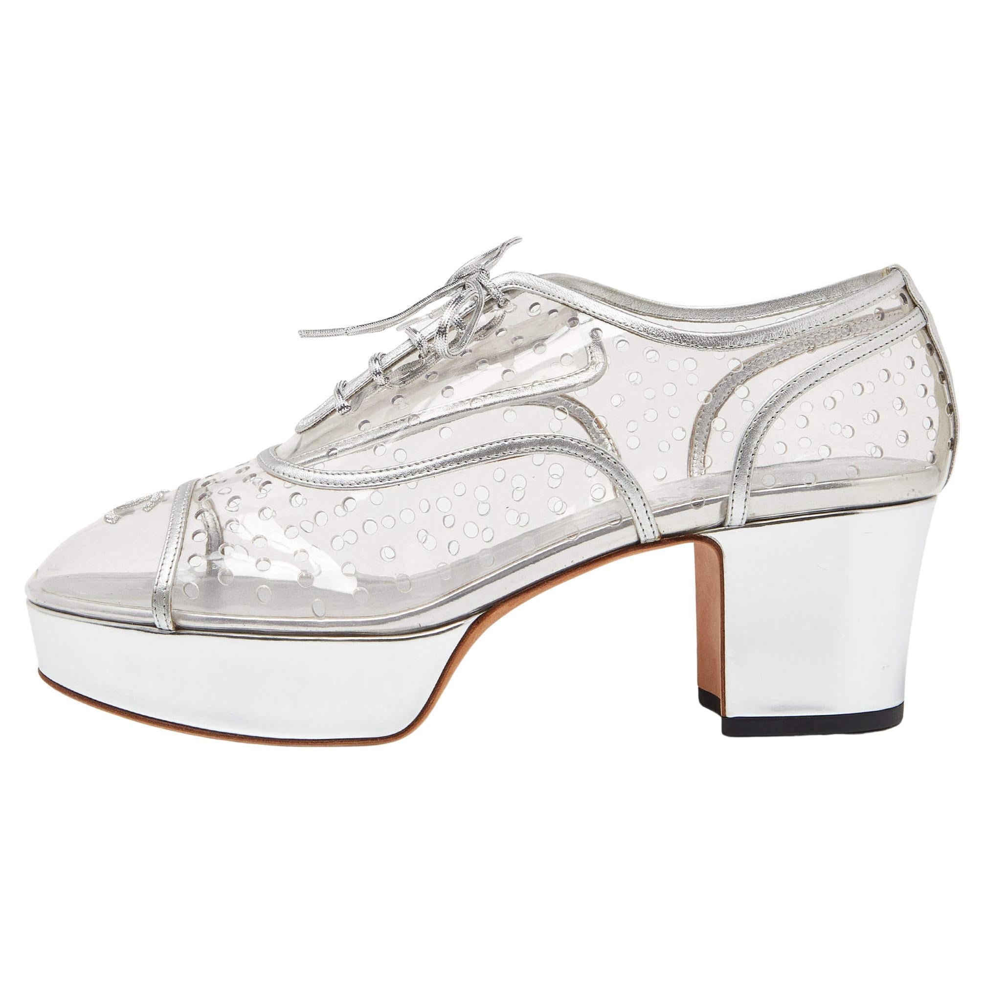 Chanel Transparent/Silver Pvc and Leather CC Block Heel Lace Up Platform Size 41 For Sale