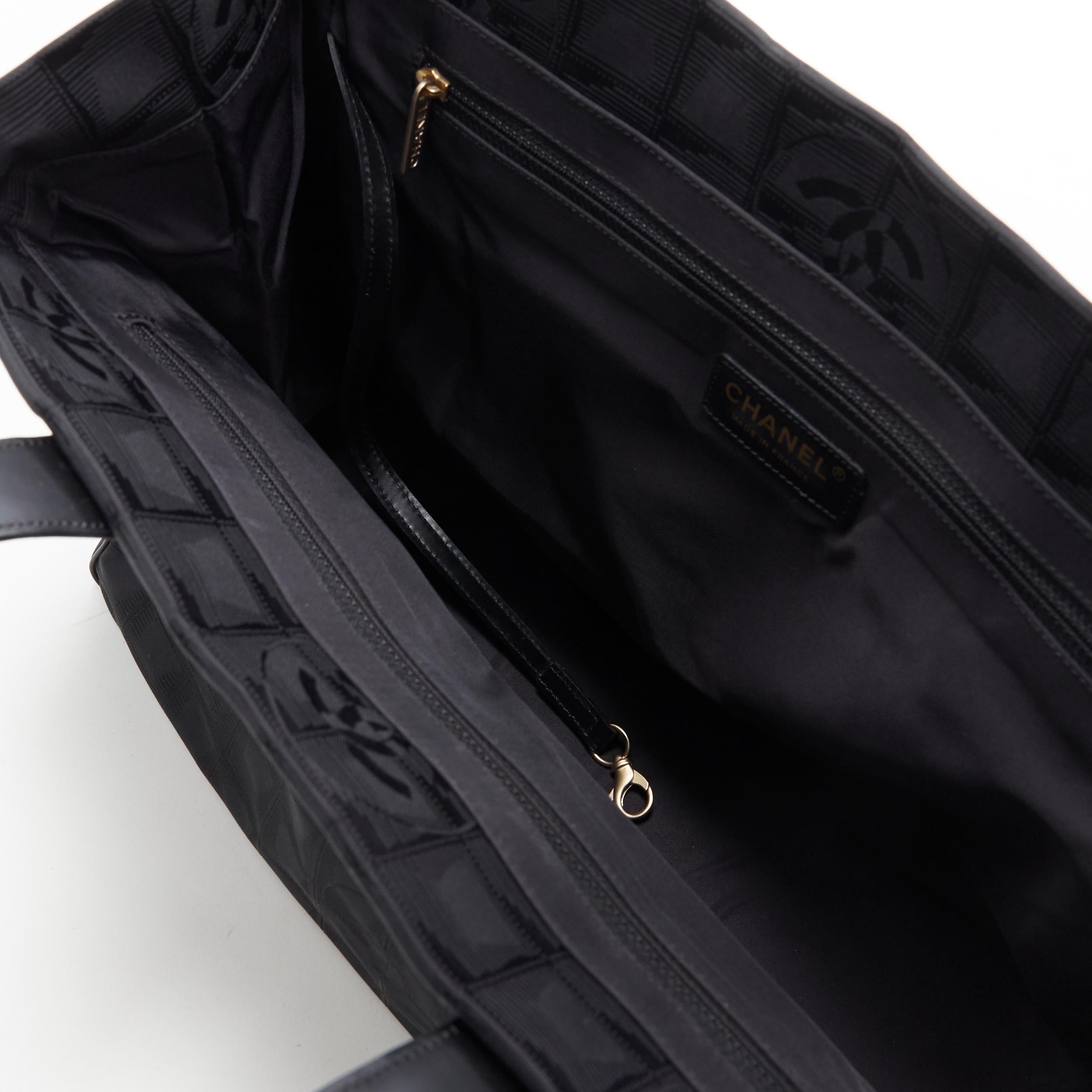 CHANEL Travel Ligne black checked CC jacquard fabric leather handle tote bag 2