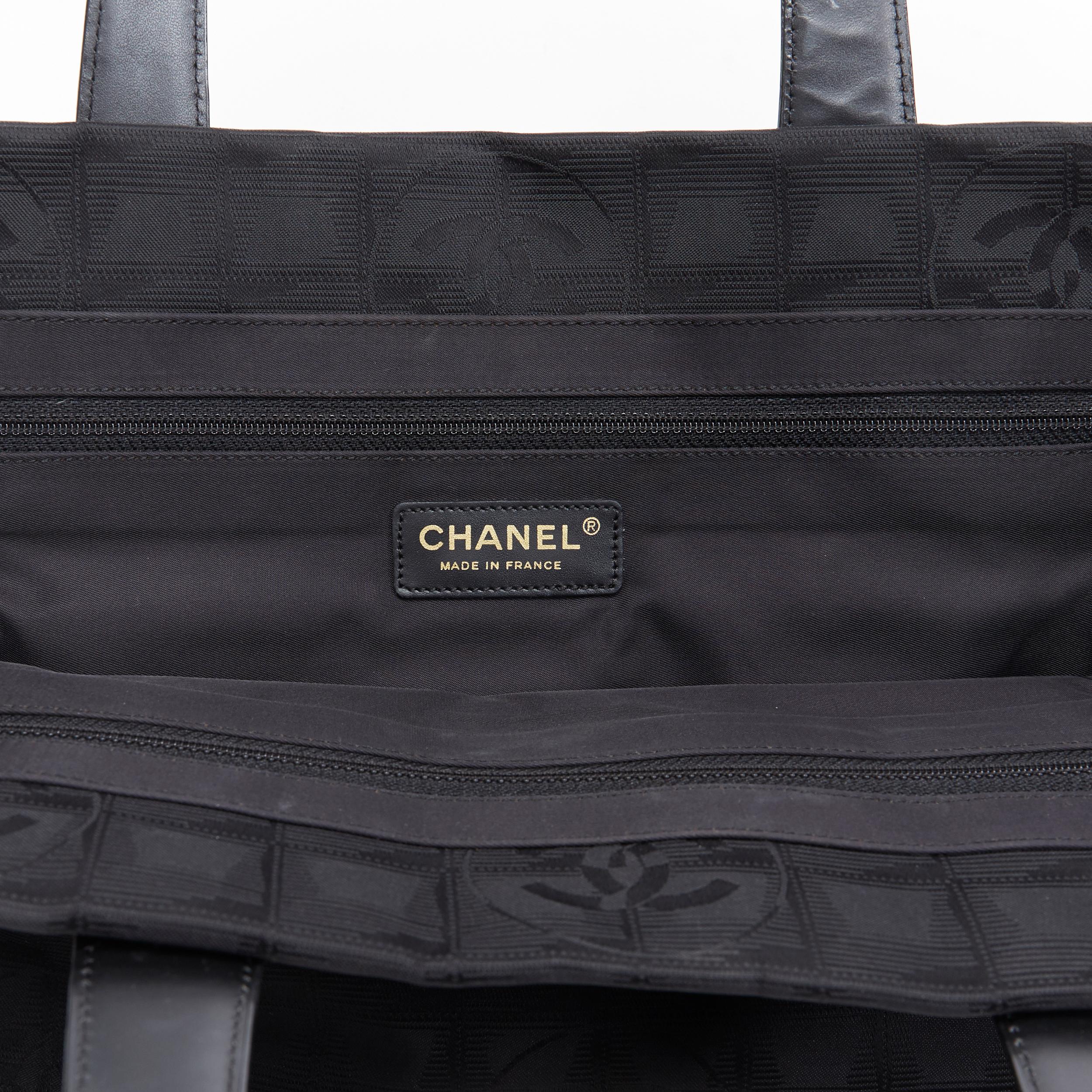 CHANEL Travel Ligne black checked CC jacquard fabric leather handle tote bag 4