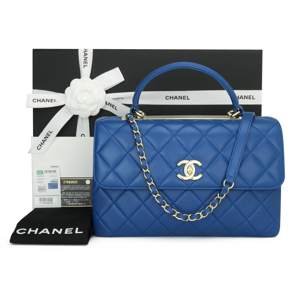 CHANEL Trendy CC Top Handle Bag Medium Blue Quilted Lambskin with Light Gold Hardware 2019.

This stunning bag is in excellent condition, the bag still holds its original shape, and the hardware is still very shiny. The leather smells fresh as if