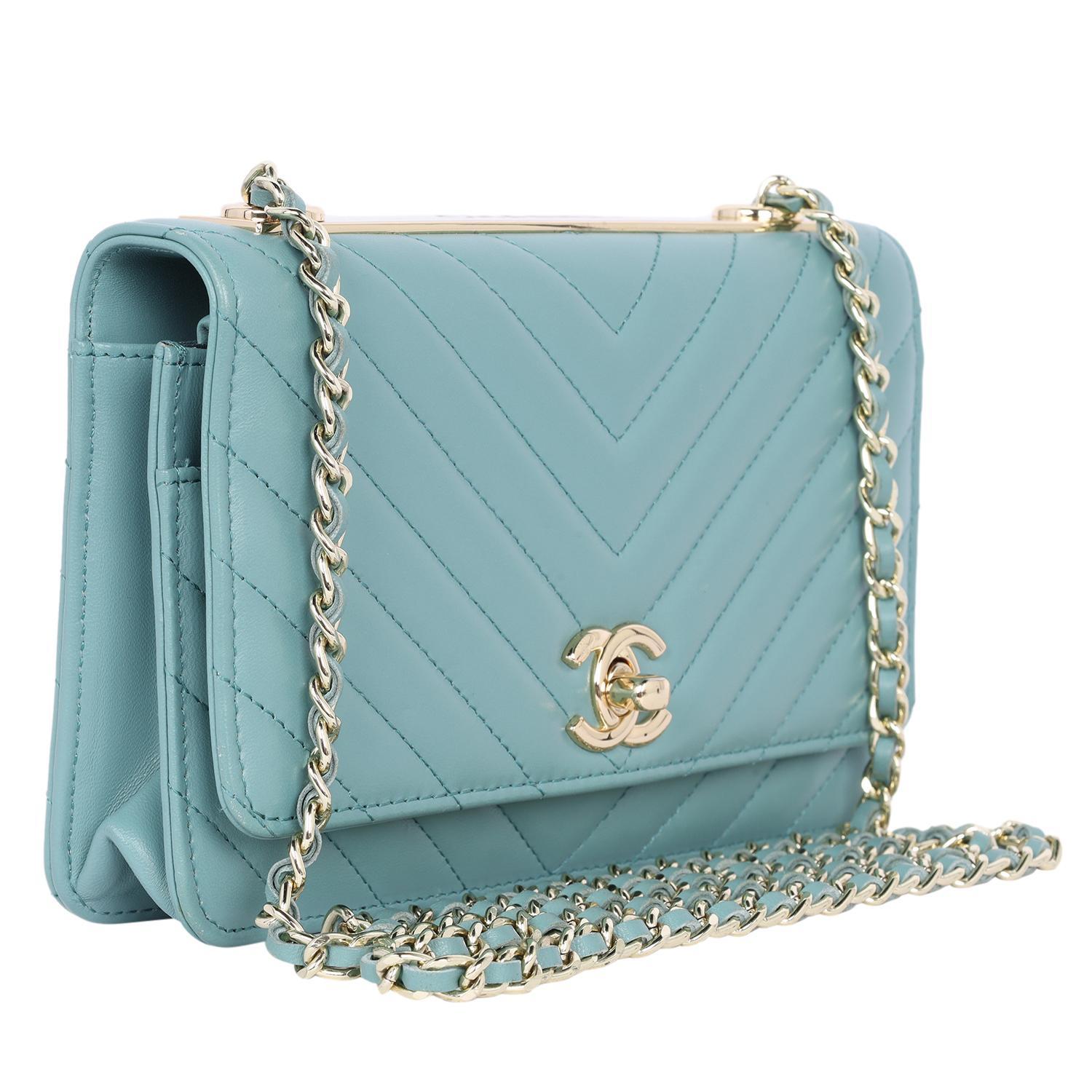 Blue Chanel Trendy Chevron Wallet On A Chain Quilted Front Flap Turquoise