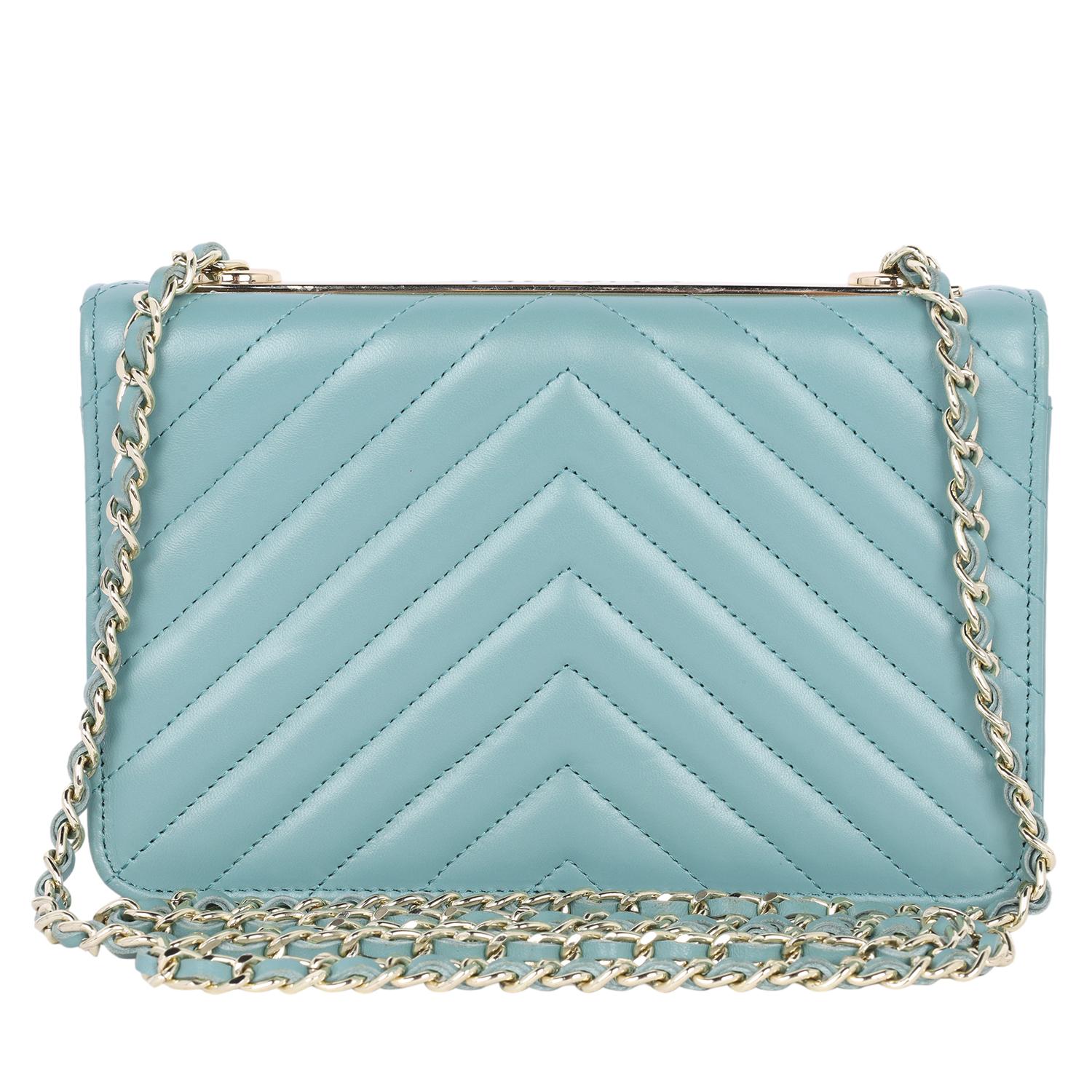 Women's Chanel Trendy Chevron Wallet On A Chain Quilted Front Flap Turquoise