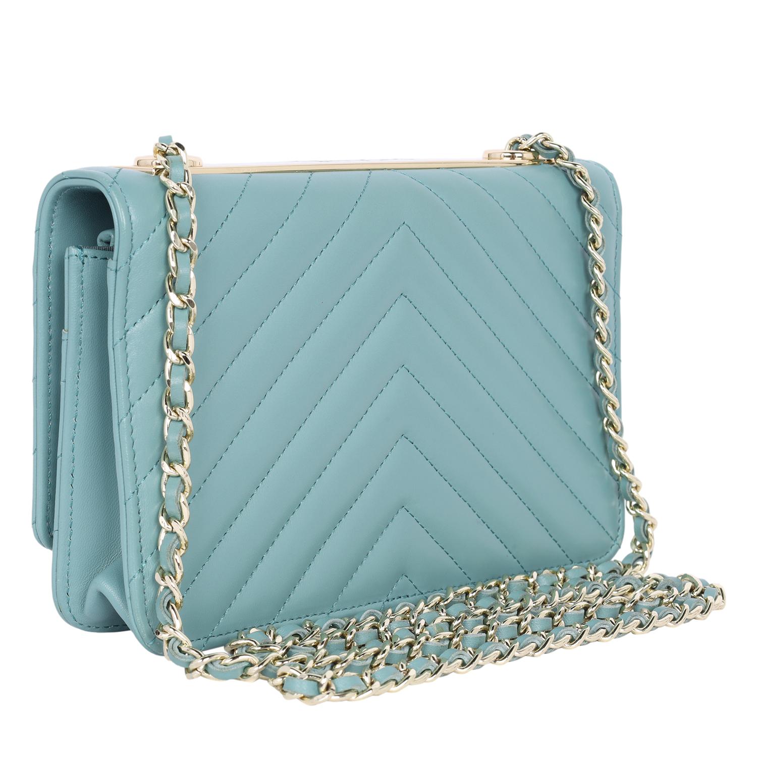 Chanel Trendy Chevron Wallet On A Chain Quilted Front Flap Turquoise 1