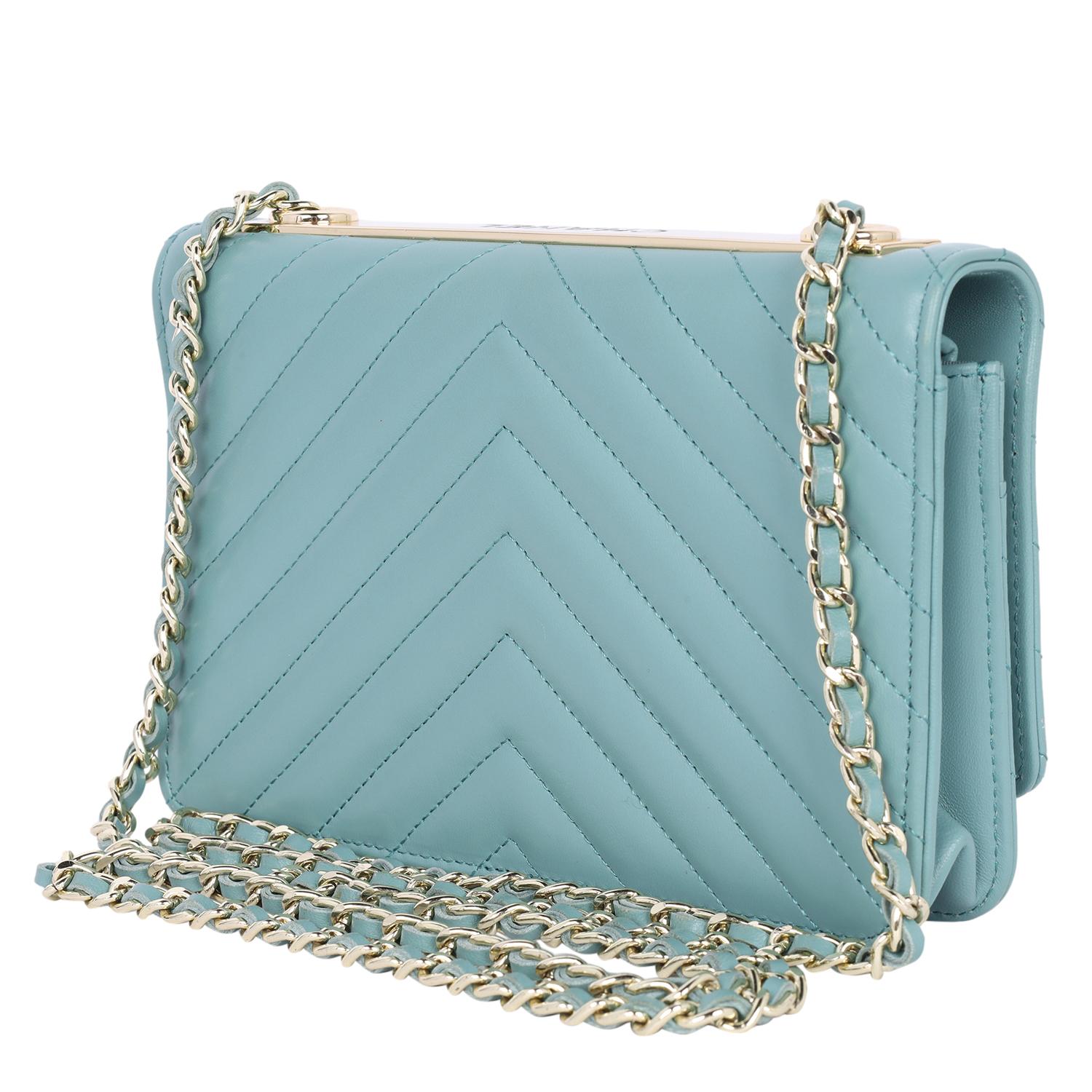 Chanel Trendy Chevron Wallet On A Chain Quilted Front Flap Turquoise 2