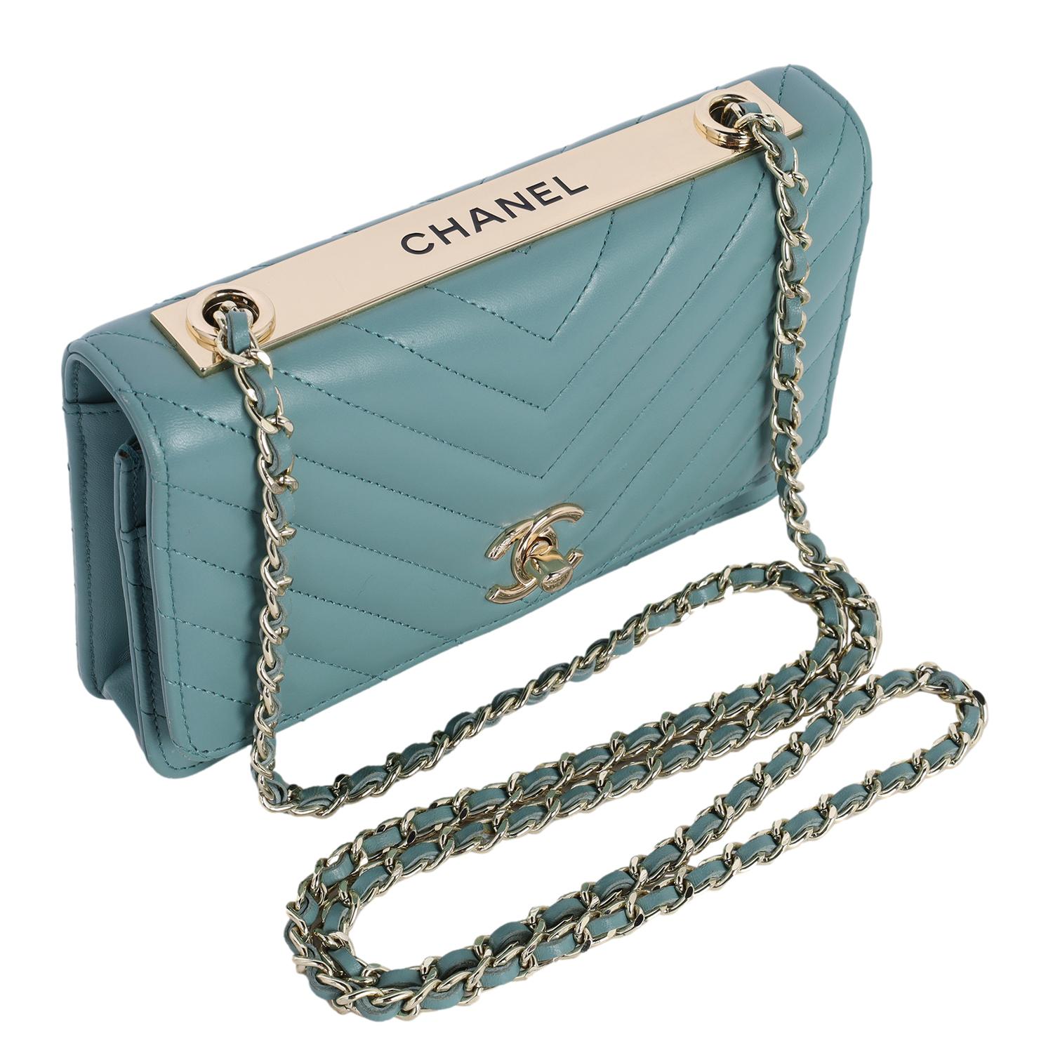 Chanel Trendy Chevron Wallet On A Chain Quilted Front Flap Turquoise 3