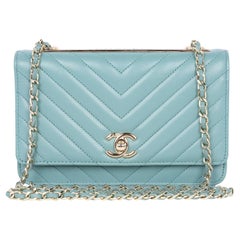 Chanel Trendy Chevron Wallet On A Chain Quilted Front Flap Turquoise