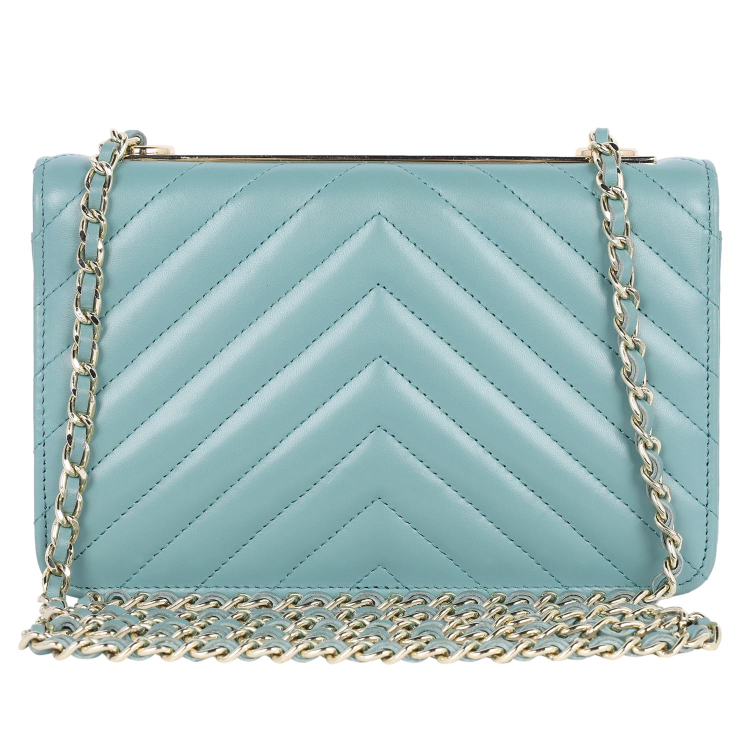 Chanel Trendy Chevron Wallet On A Chain Quilted Front Flap Turquoise 5