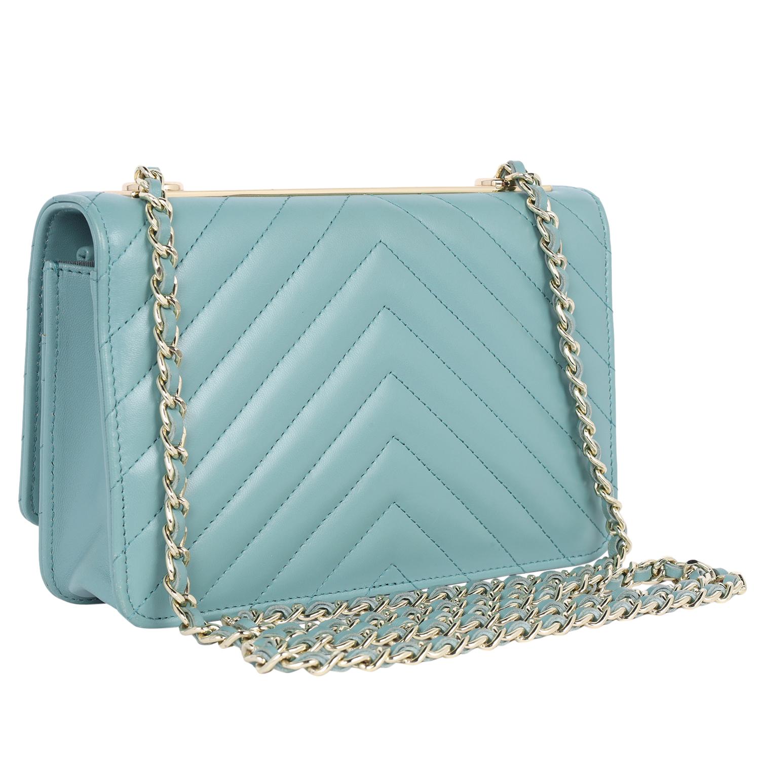 Chanel Trendy Chevron Wallet On A Chain Quilted Front Flap Turquoise 6