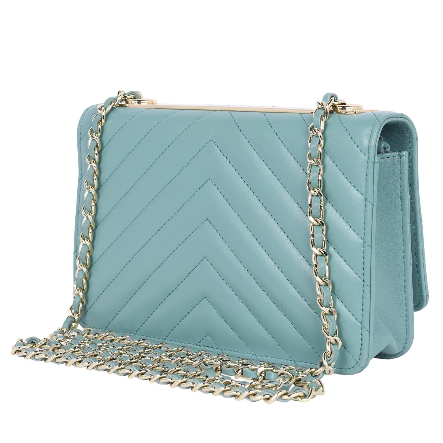 Chanel Trendy Chevron Wallet On A Chain Quilted Front Flap Turquoise 7