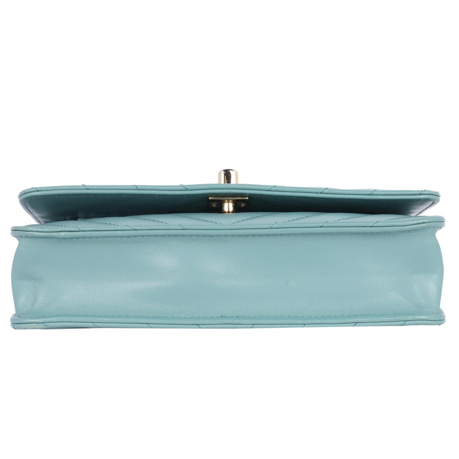 Chanel Trendy Chevron Wallet On A Chain Quilted Front Flap Turquoise 8