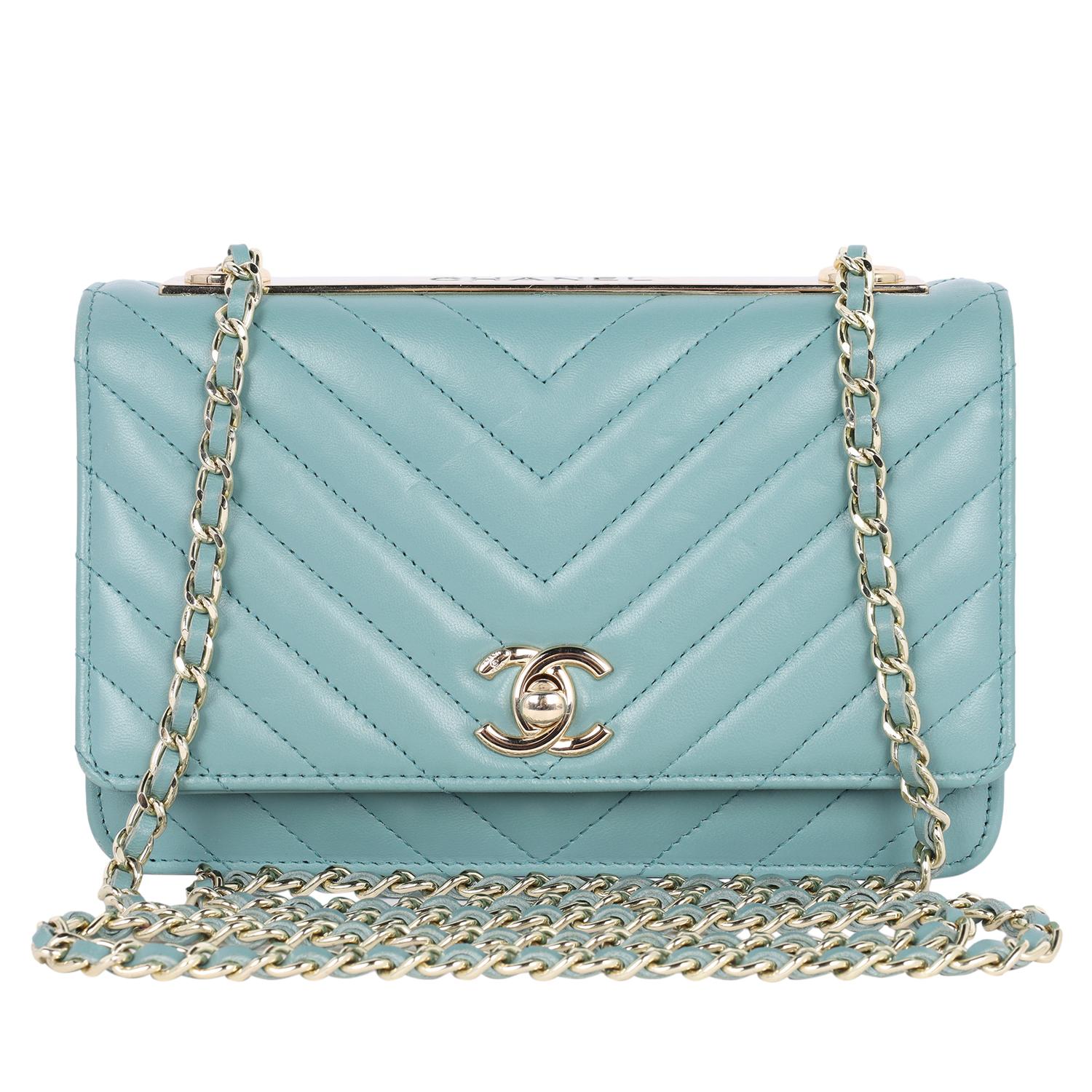 Blue Chanel Trendy Chevron Wallet On A Chain Quilted Front Flap Turquoise