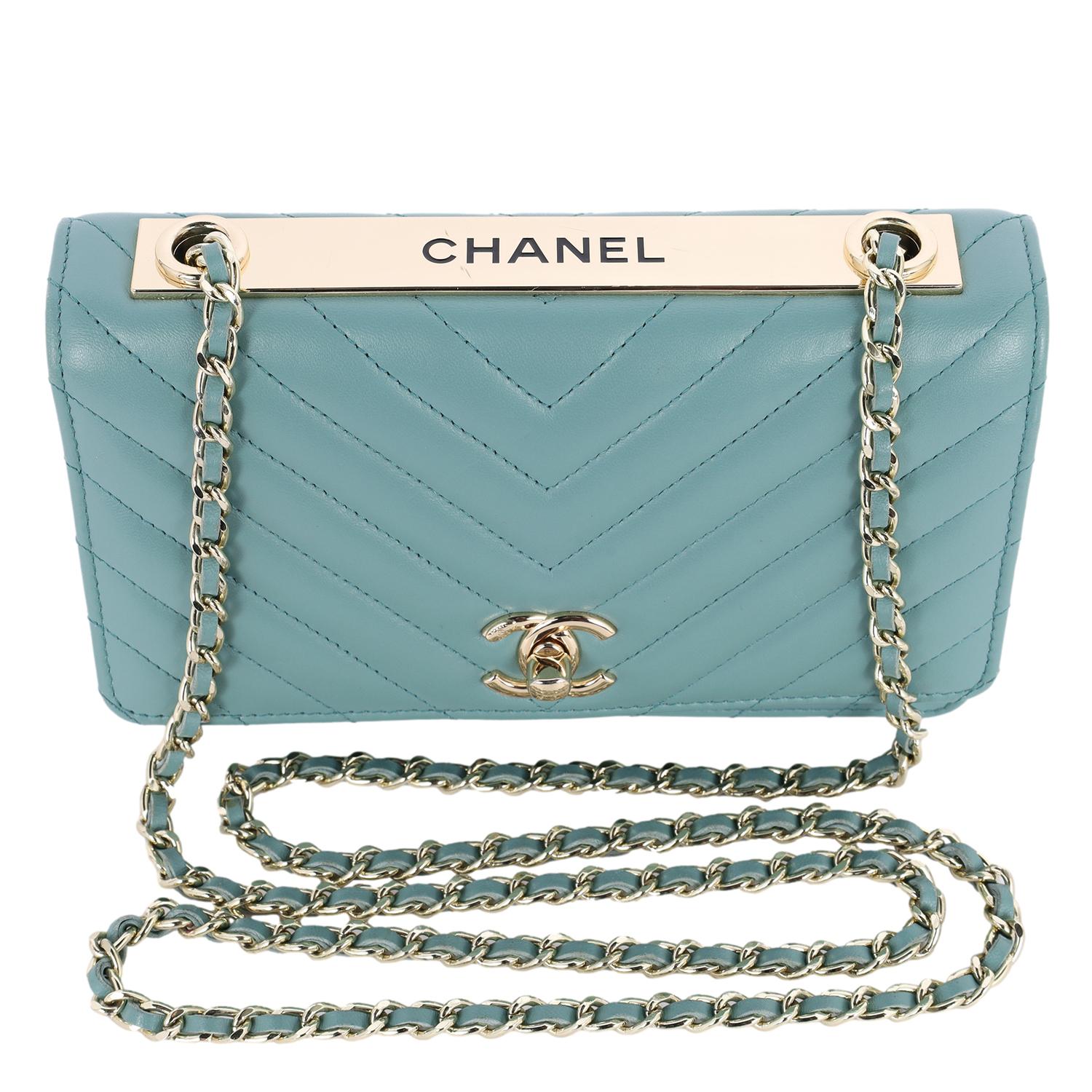 Women's Chanel Trendy Chevron Wallet On A Chain Quilted Front Flap Turquoise