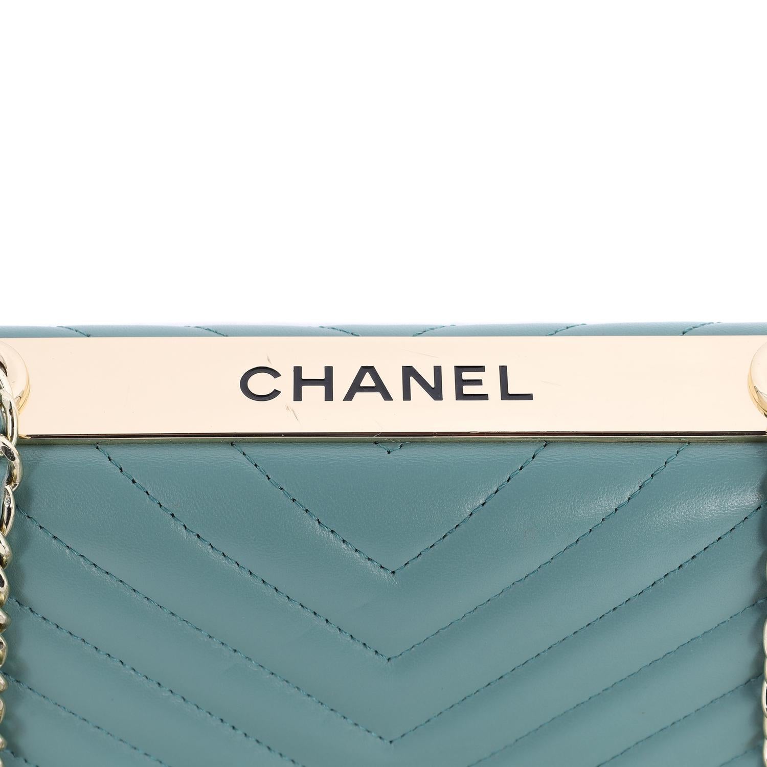Chanel Trendy Chevron Wallet On A Chain Quilted Front Flap Turquoise 1