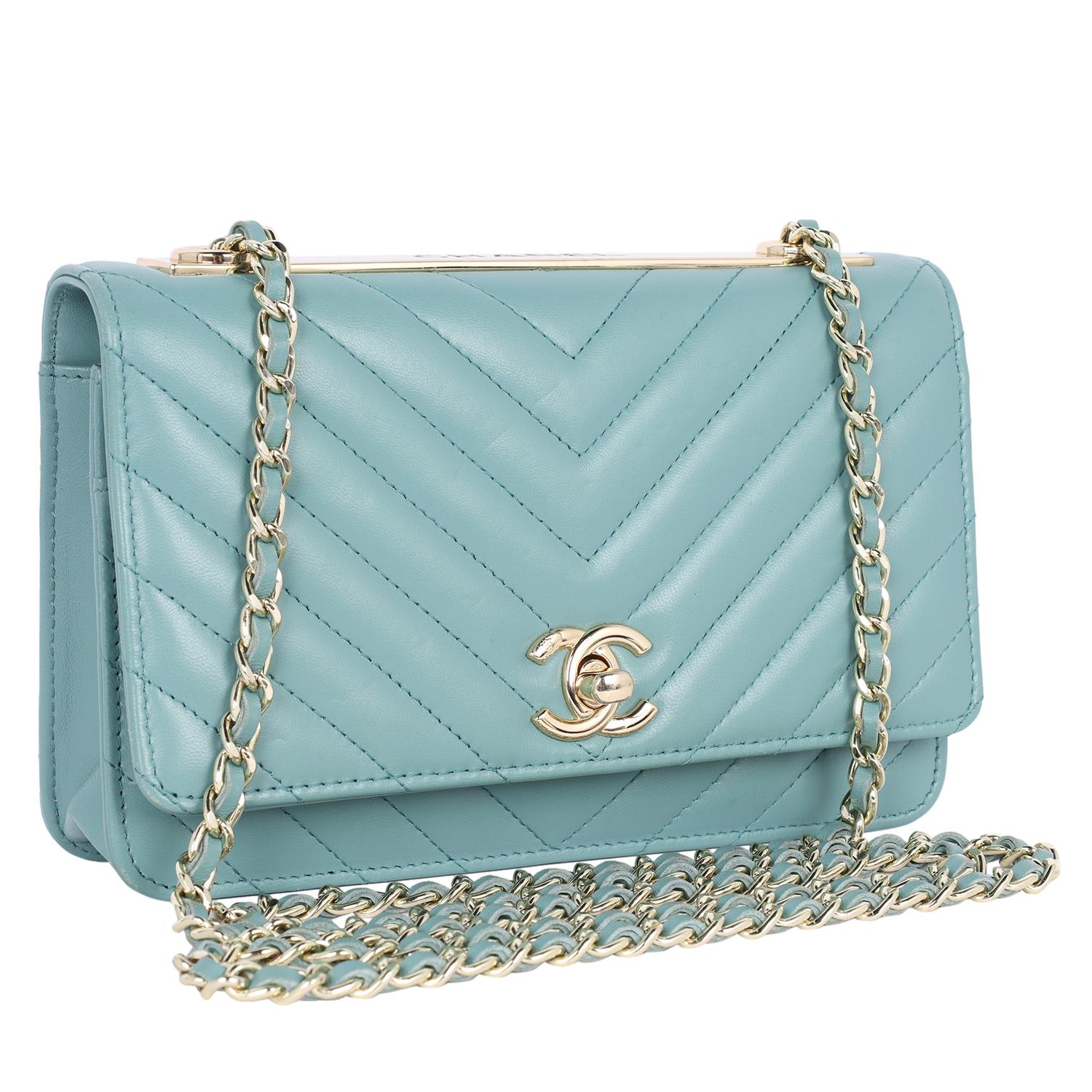 Chanel Trendy Chevron Wallet On A Chain Quilted Front Flap Turquoise 2