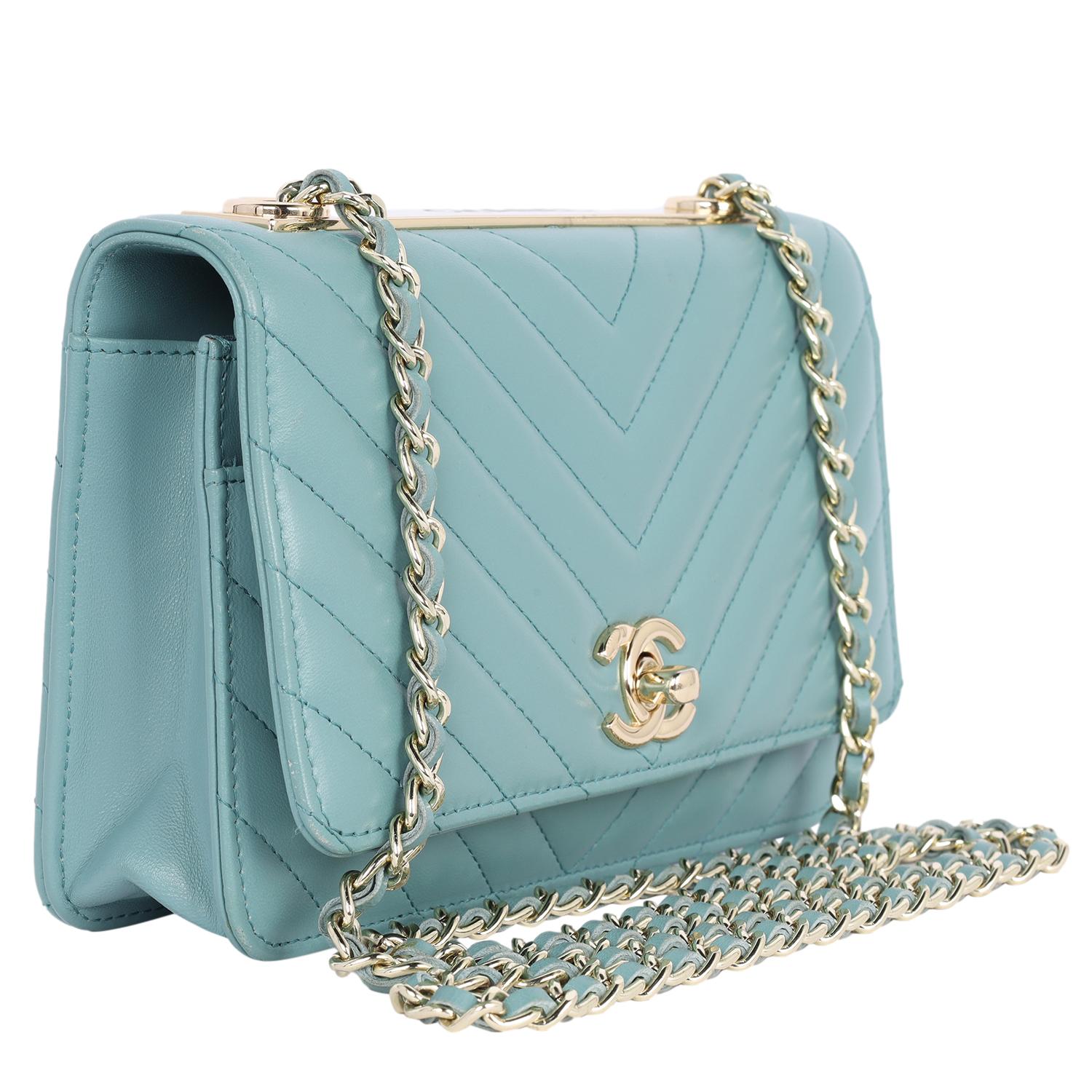 Chanel Trendy Chevron Wallet On A Chain Quilted Front Flap Turquoise 3